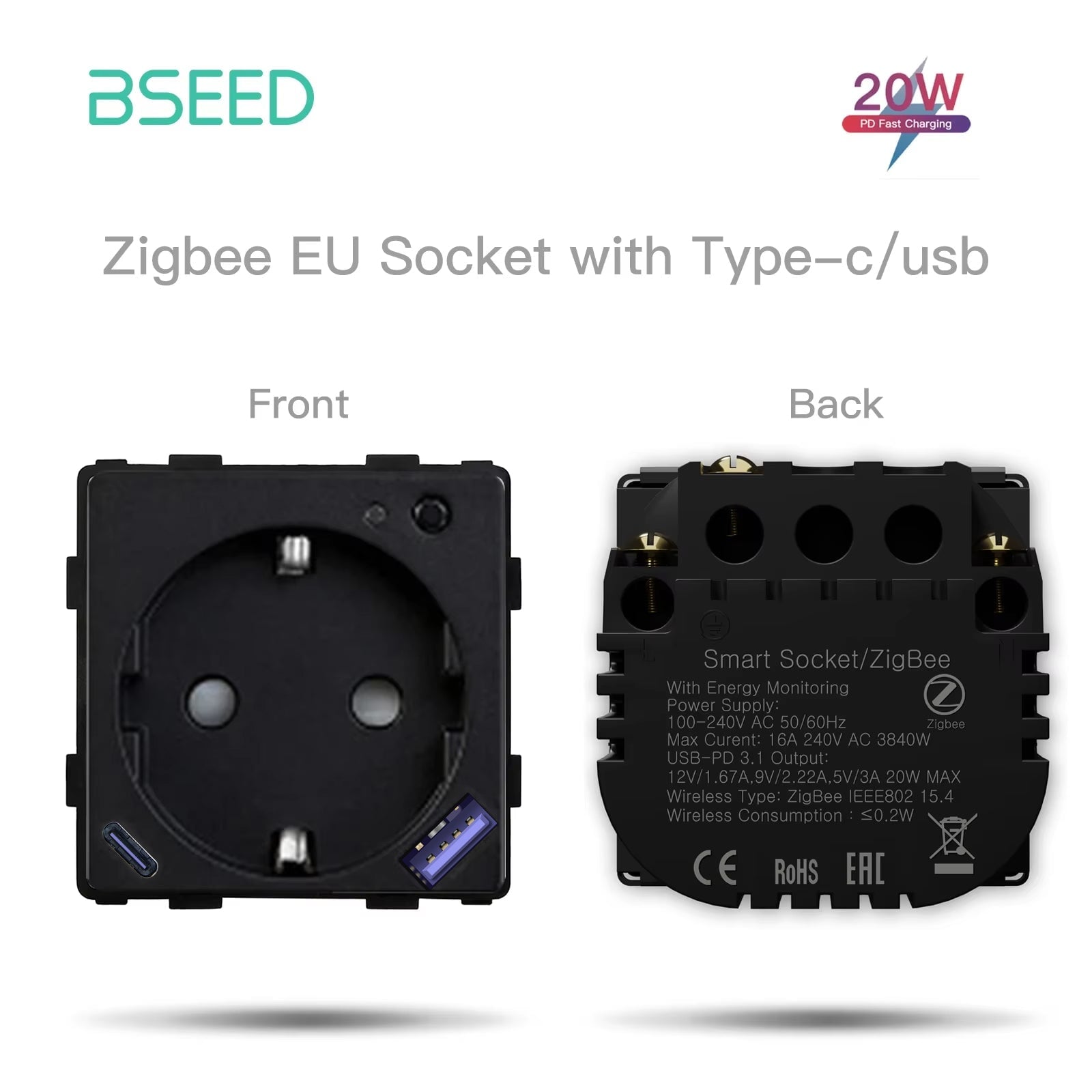 BSEED Product Customization Bseedswitch zigbee eu socket with energy monitoring with fast charge usb-c port 