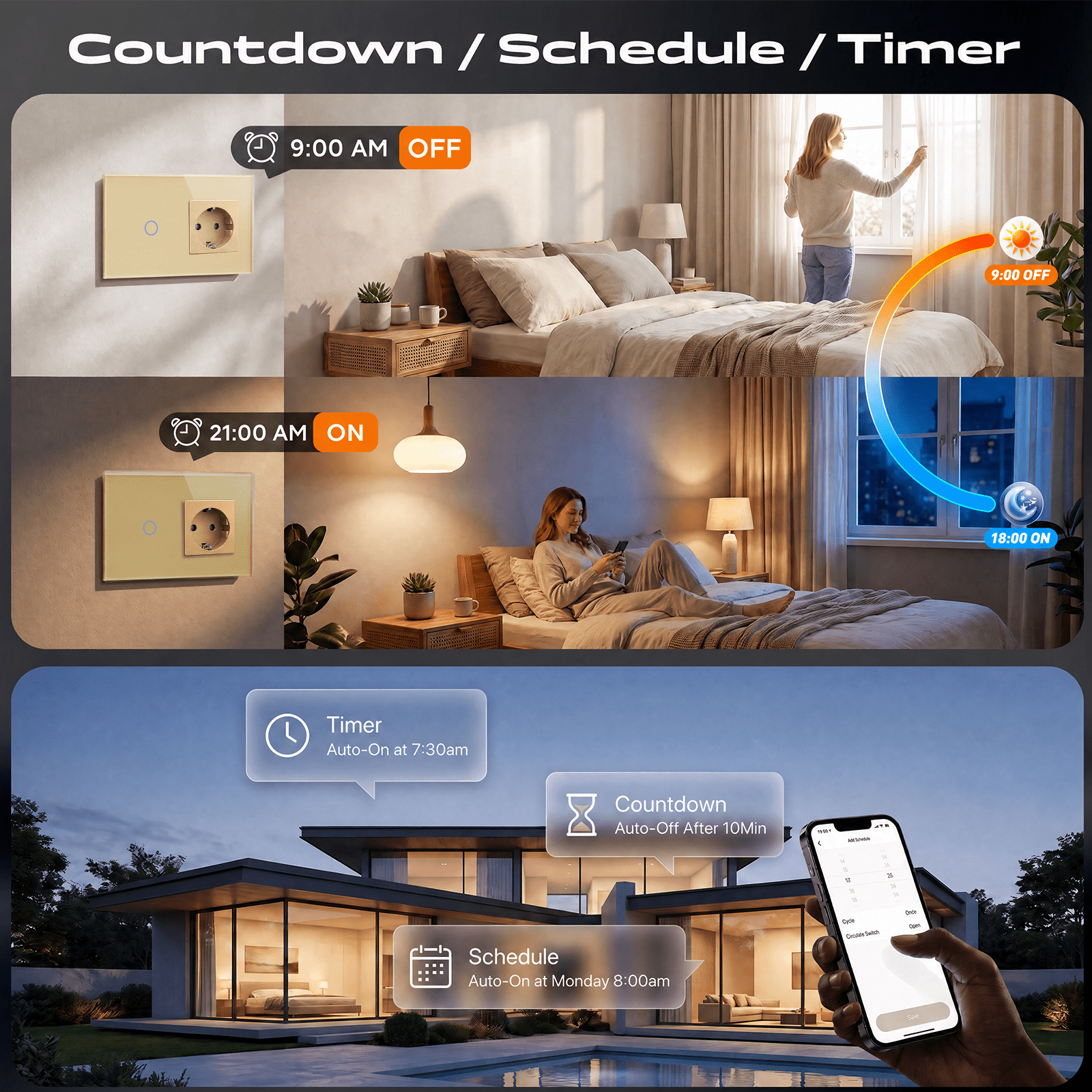 Bseed Smart Matter Wifi Light Switch with Eu Socket Electrical Wall Light switches Socket