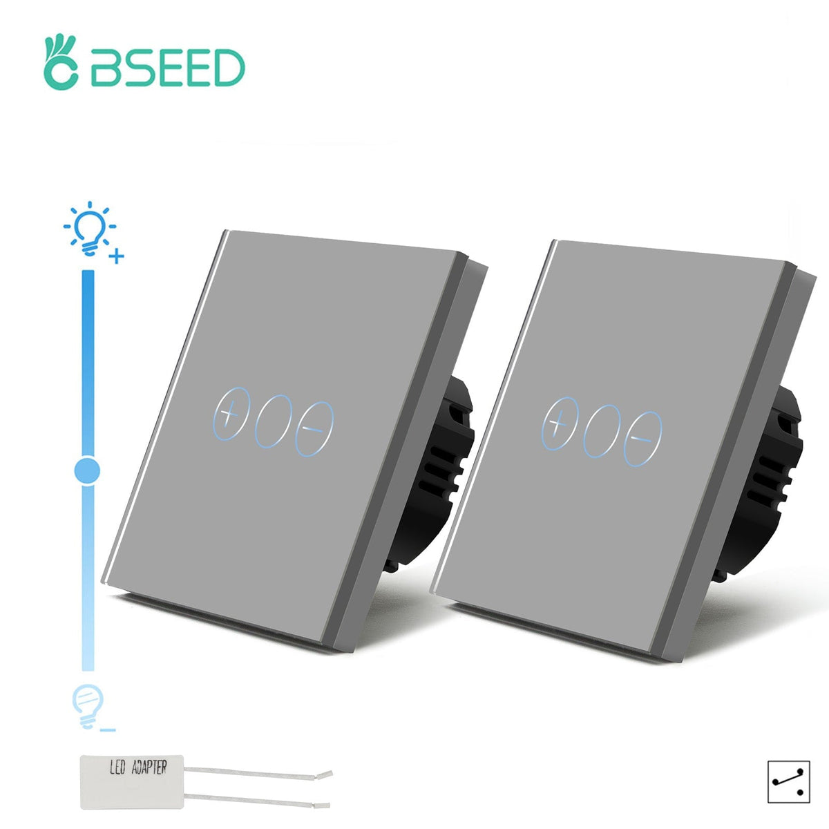BSEED 2Pieces 1Gang 2Way Touch Dimmer Wall Switches EU Standard Crystal Panel Light Switches Bseedswitch Grey 