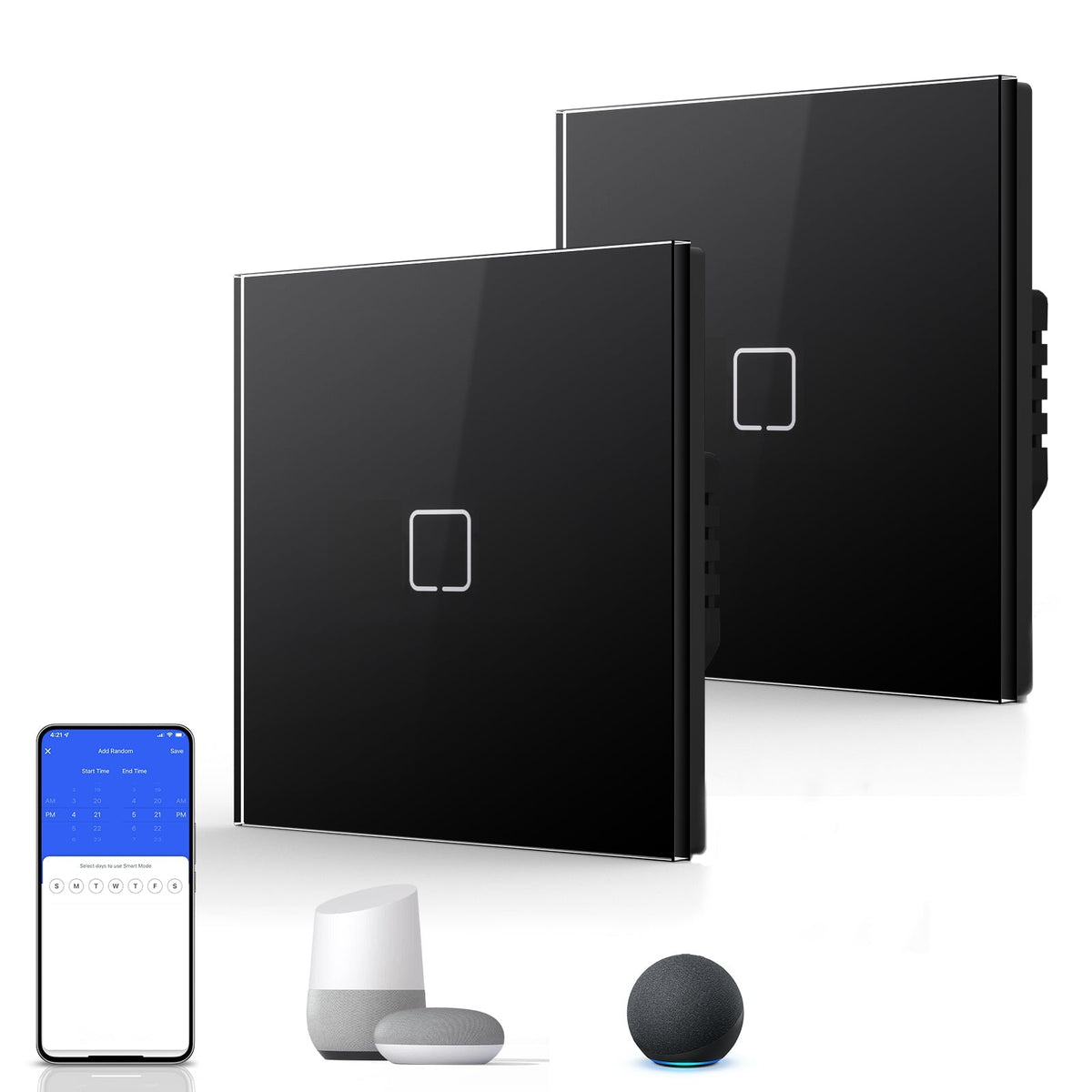 Echo Serie Smart Wifi Light Switch (With Neutral) Glass Panel Multiple Packs Light Switches Bseedswitch Black 1 Gang 2 PCS/ Pack