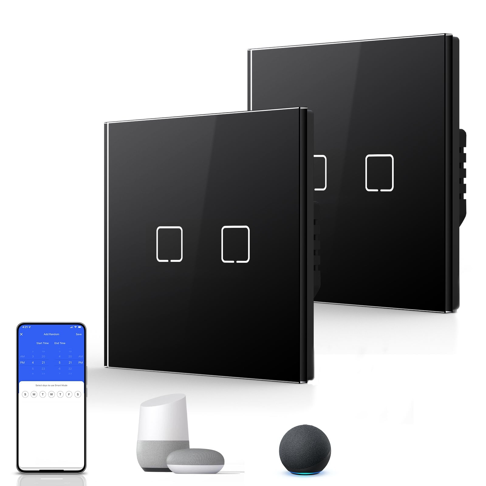 Echo Serie Smart Wifi Light Switch (With Neutral) Glass Panel Multiple Packs Light Switches Bseedswitch Black 2 Gang 2 PCS/ Pack