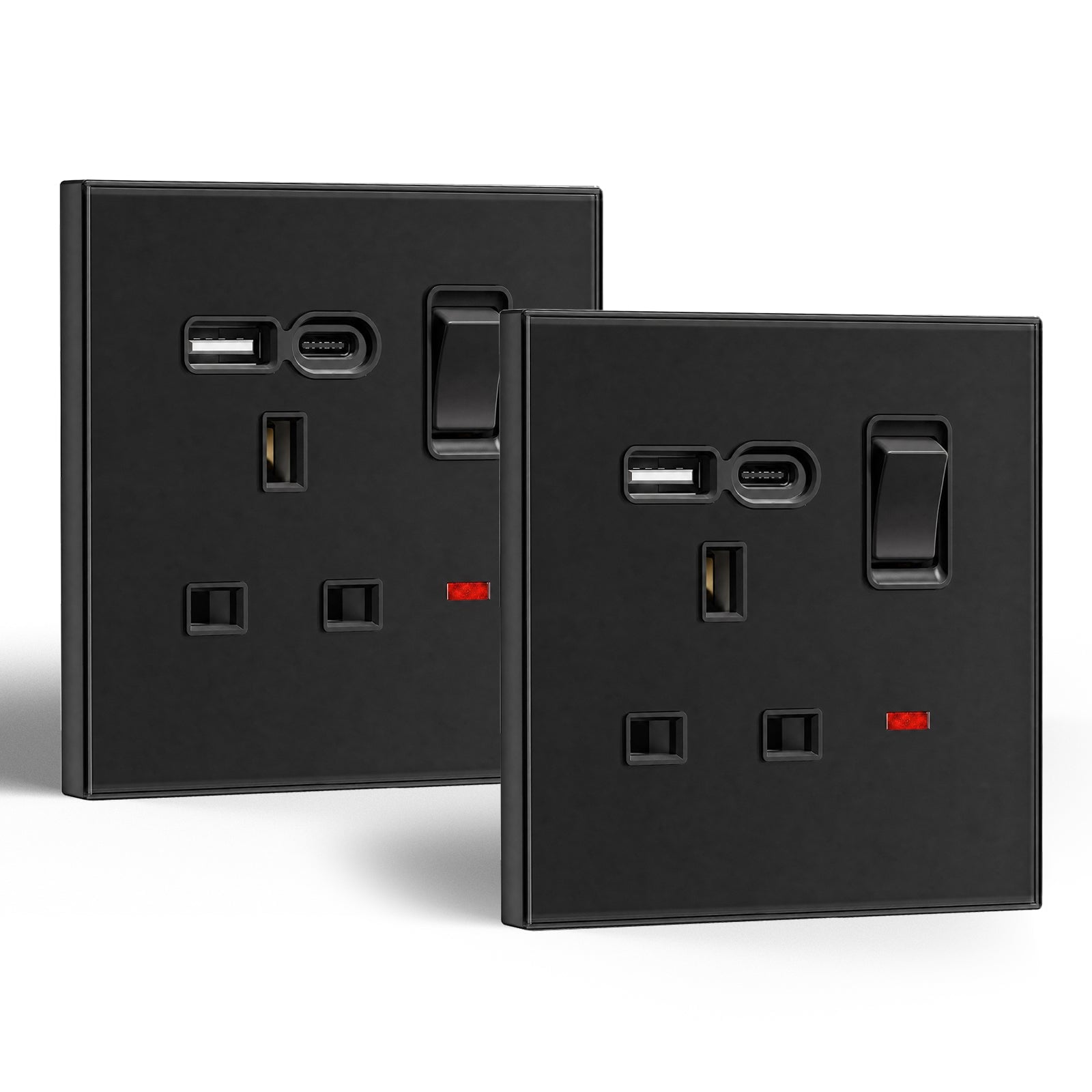 Tomada BSEED Série C6 padrão Reino Unido 13A com porta USB-C, tomadas e interruptores, cor preta, embalagem de 2 unidades, tomada simples
