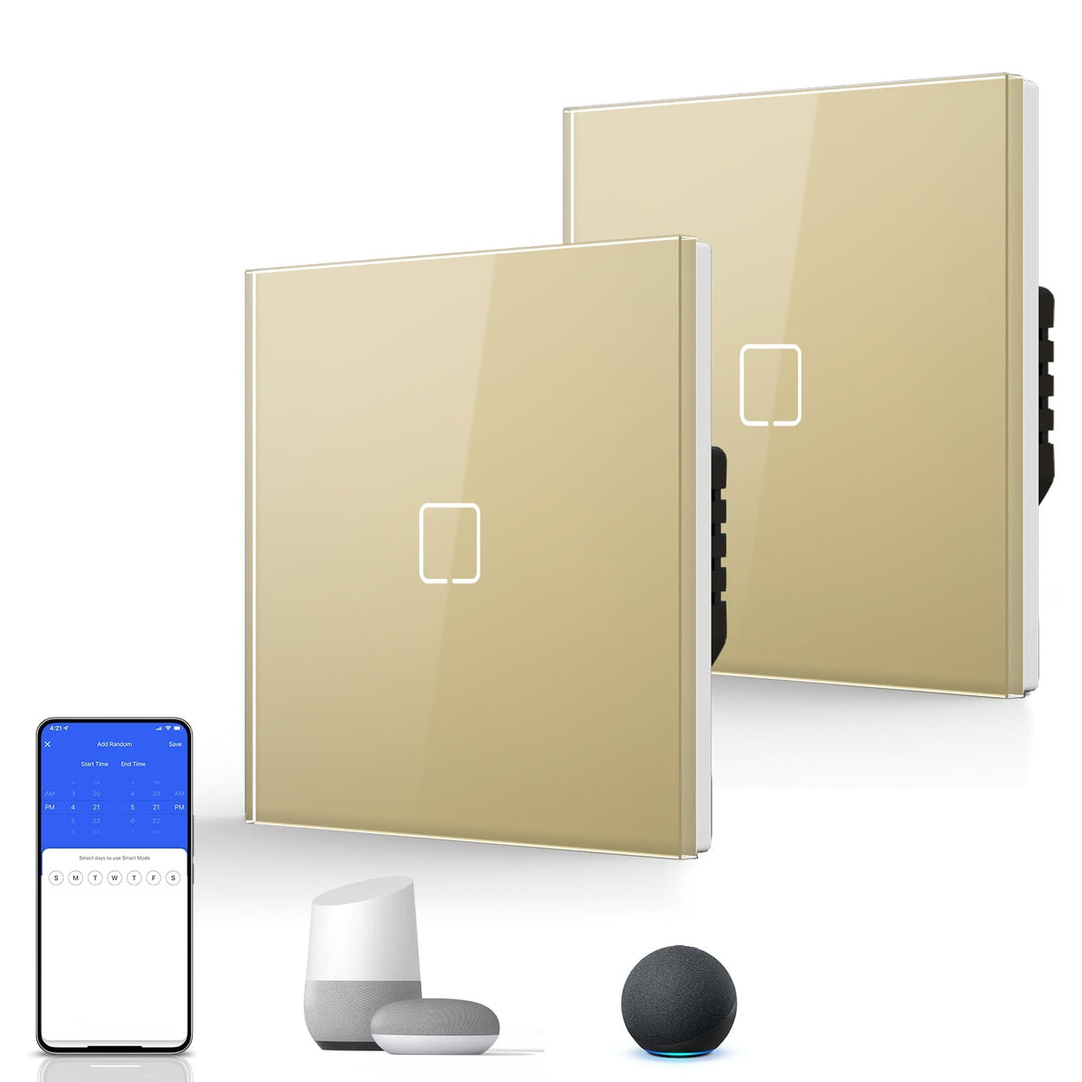 Echo Serie Smart Wifi Light Switch (With Neutral) Glass Panel Multiple Packs Light Switches Bseedswitch Gold 1 Gang 2 PCS/ Pack