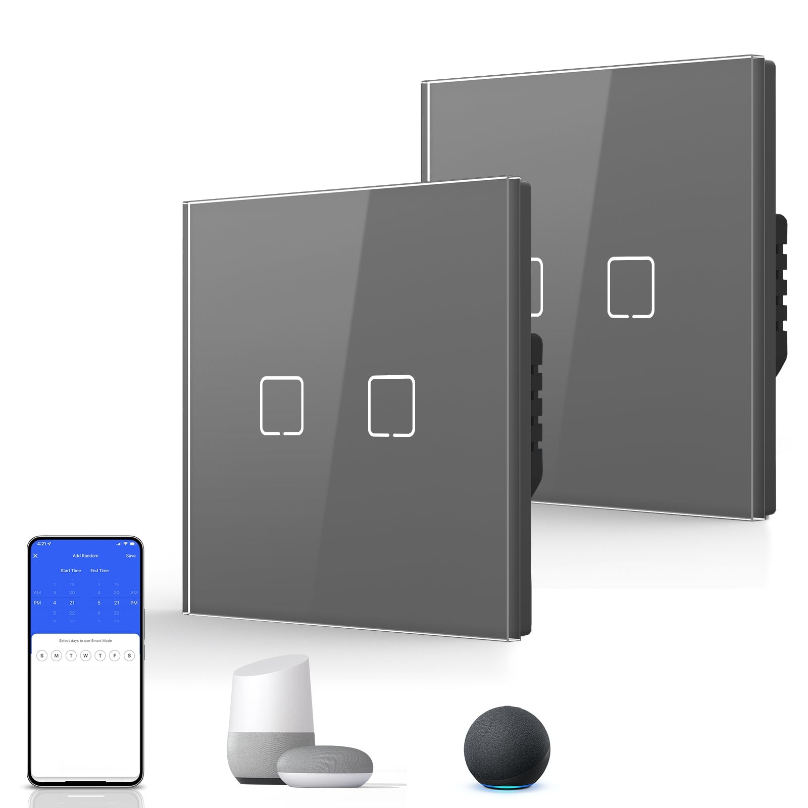 Echo Serie Smart Wifi Light Switch (With Neutral) Glass Panel Multiple Packs Light Switches Bseedswitch Gray 2 Gang 2 PCS/ Pack