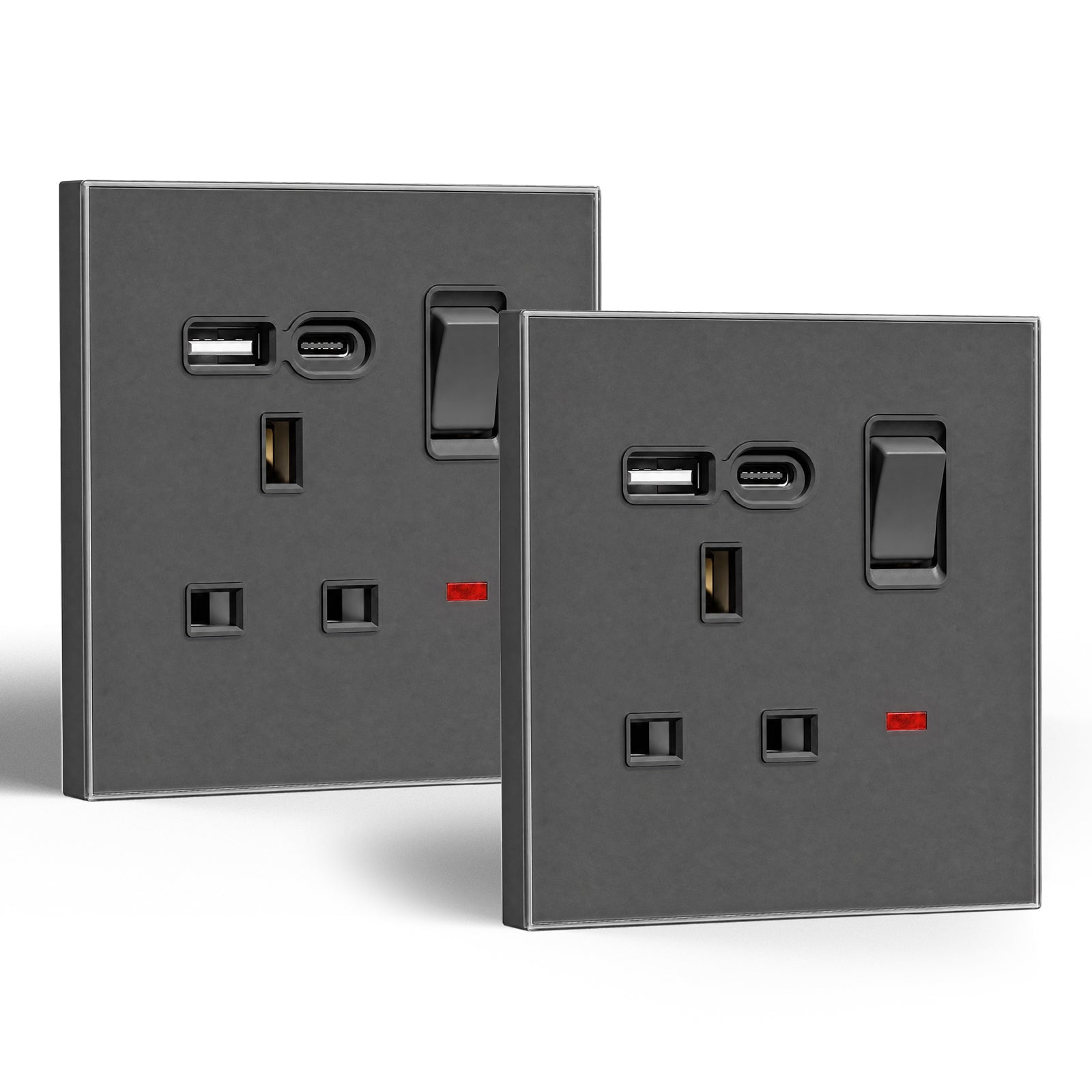 Tomada de 13A padrão Reino Unido BSEED Série C6 com porta USB-C, tomadas e interruptores, cinzento, 2 unidades/embalagem, tomada simples