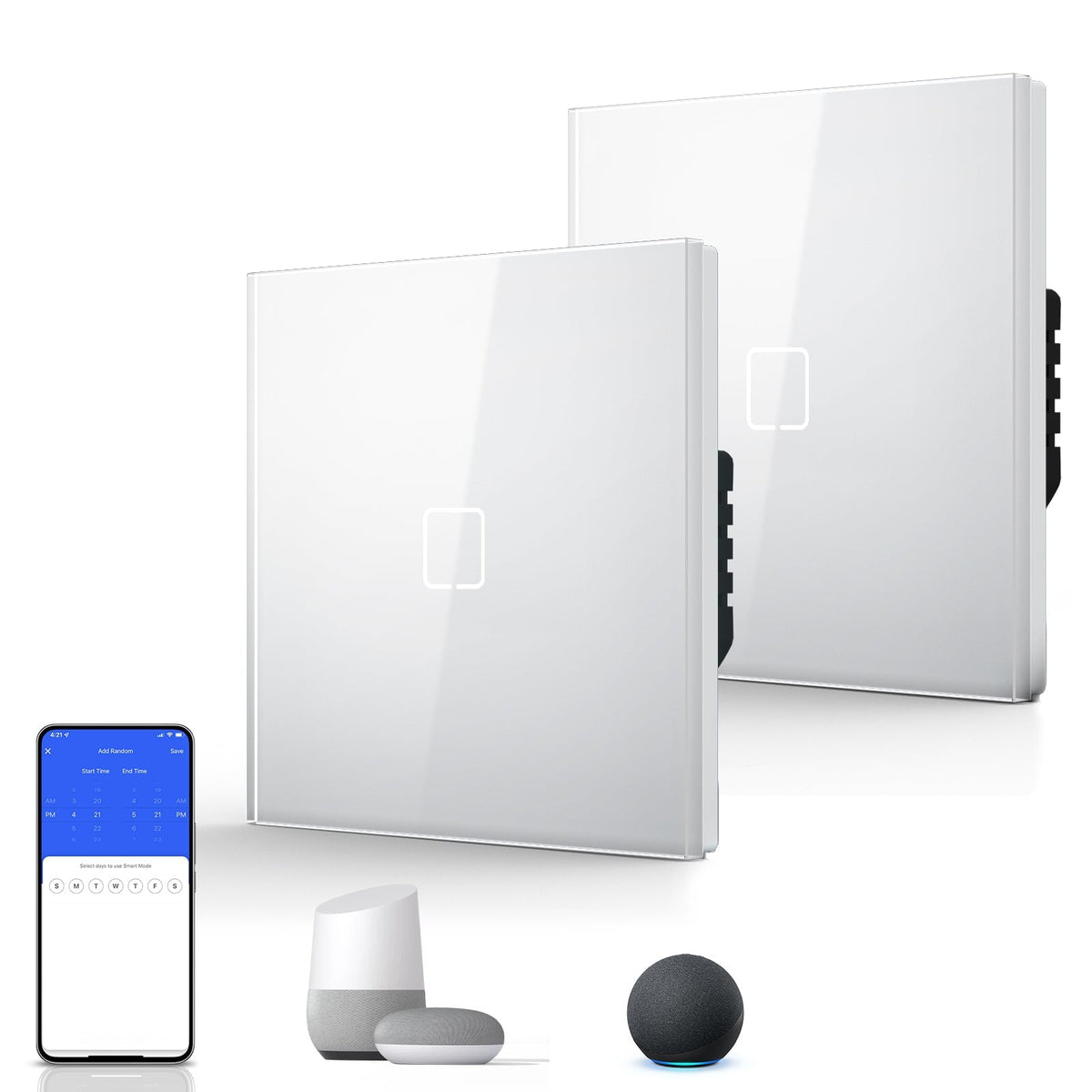 Echo Serie Smart Wifi Light Switch (With Neutral) Glass Panel Multiple Packs Light Switches Bseedswitch White 1 Gang 2 PCS/ Pack