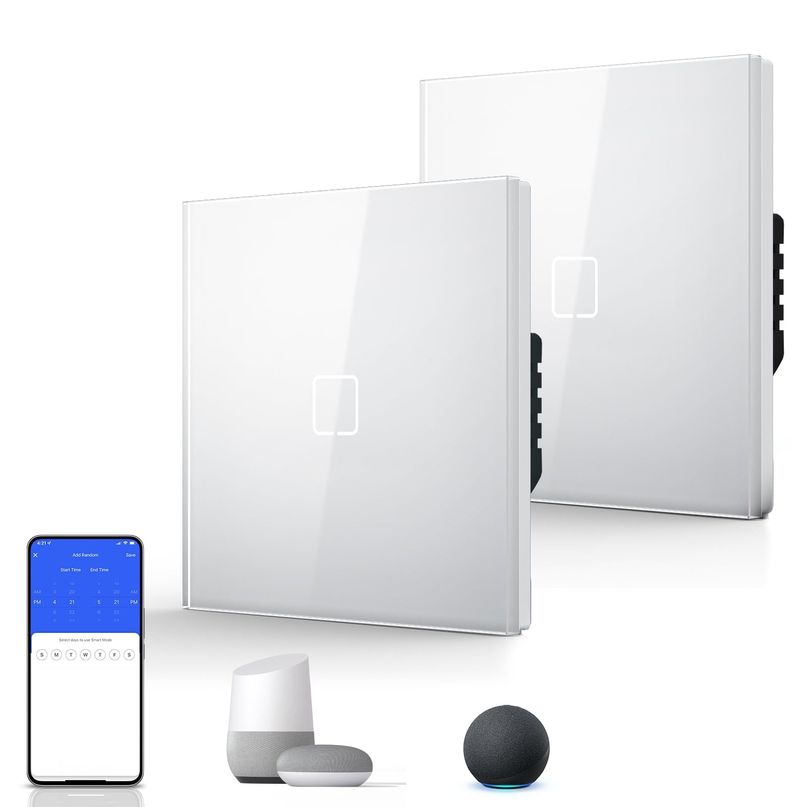 Echo Serie Smart Wifi Light Switch (With Neutral) Glass Panel Multiple Packs Light Switches Bseedswitch White 1 Gang 2 PCS/ Pack