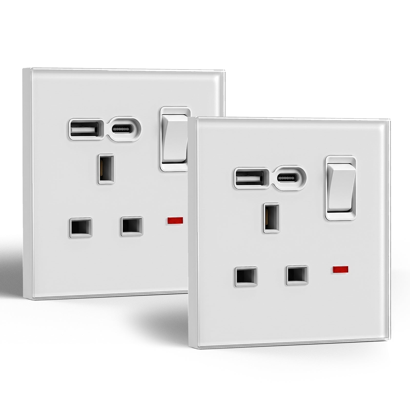 Tomada de 13A padrão Reino Unido da série BSEED C6 com porta USB-C, tomadas e interruptores, branco, pacote de 2 unidades, tomada simples