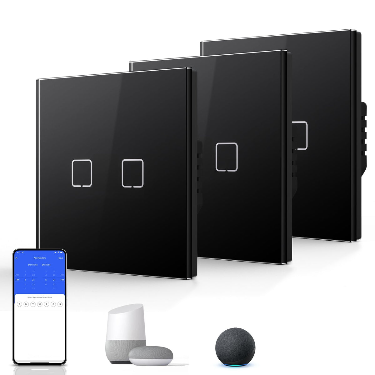 Echo Serie Smart Wifi Light Switch (With Neutral) Glass Panel Multiple Packs Light Switches Bseedswitch Black 2 Gang 3 PCS/ Pack