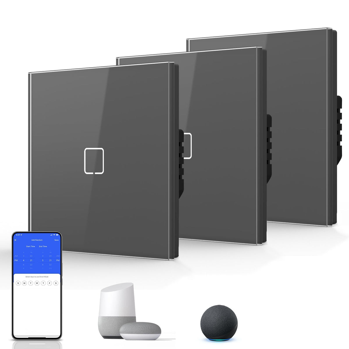 Echo Serie Smart Wifi Light Switch (With Neutral) Glass Panel Multiple Packs Light Switches Bseedswitch Grey 1 Gang 3 PCS/ Pack