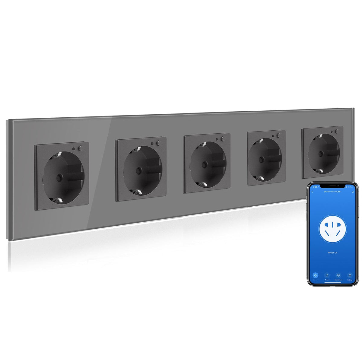 BSEED Wifi EU Wall Sockets Single Power Outlets Kids Protection Power Outlets & Sockets Bseedswitch grey Quintuple Glass