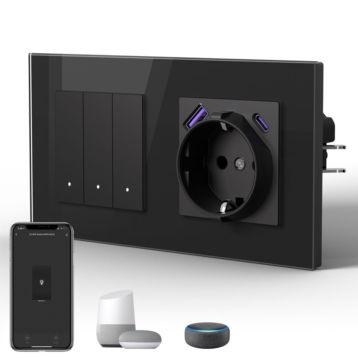 Echo Series Smart Wifi Switch With EU Socket with 20W usb type-c port 157mm Power Outlets & Sockets Bseedswitch Black 3Gang 