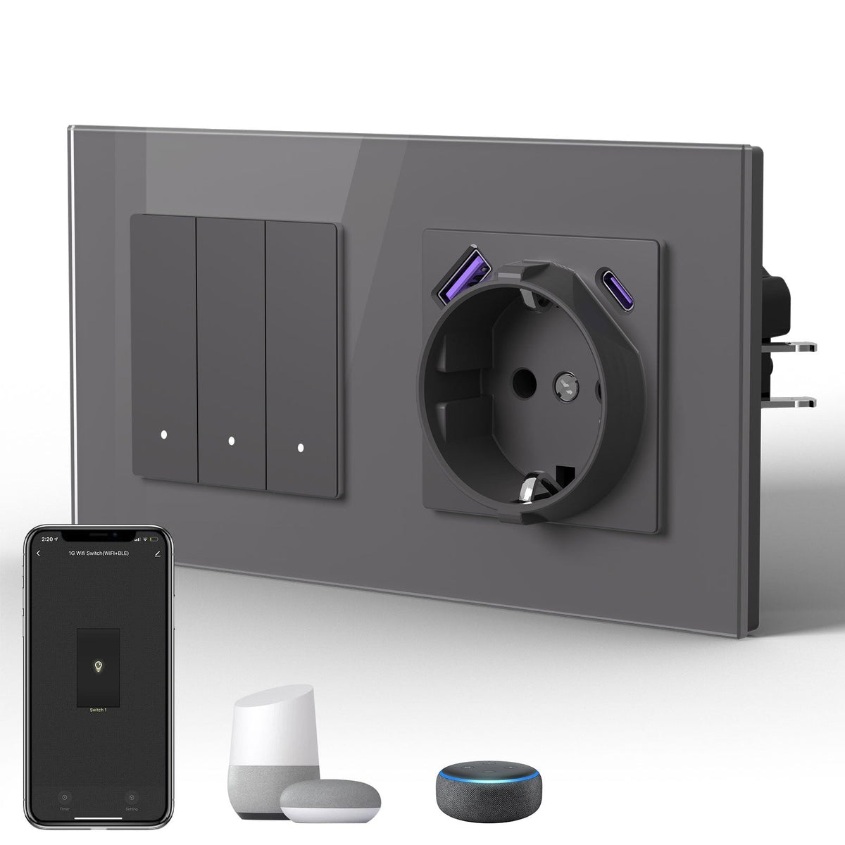 Echo Series Smart Wifi Switch With EU Socket with 20W usb type-c port 157mm Power Outlets & Sockets Bseedswitch Grey 3Gang 