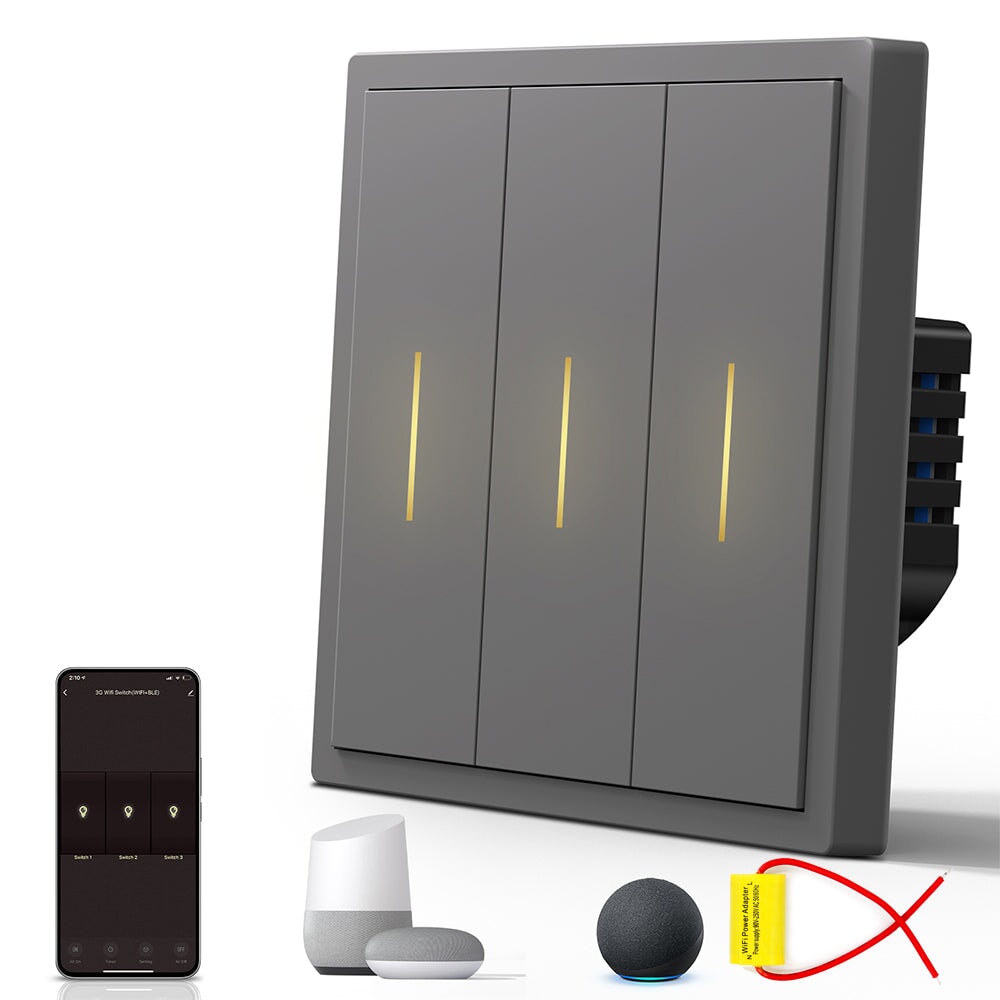 BSEED Scale Series Smart Wifi Light Switch Work With Alexa Google Assistant (No Neutral) Light Switches Bseedswitch Grey 3 Gang 1 PCS/Pack