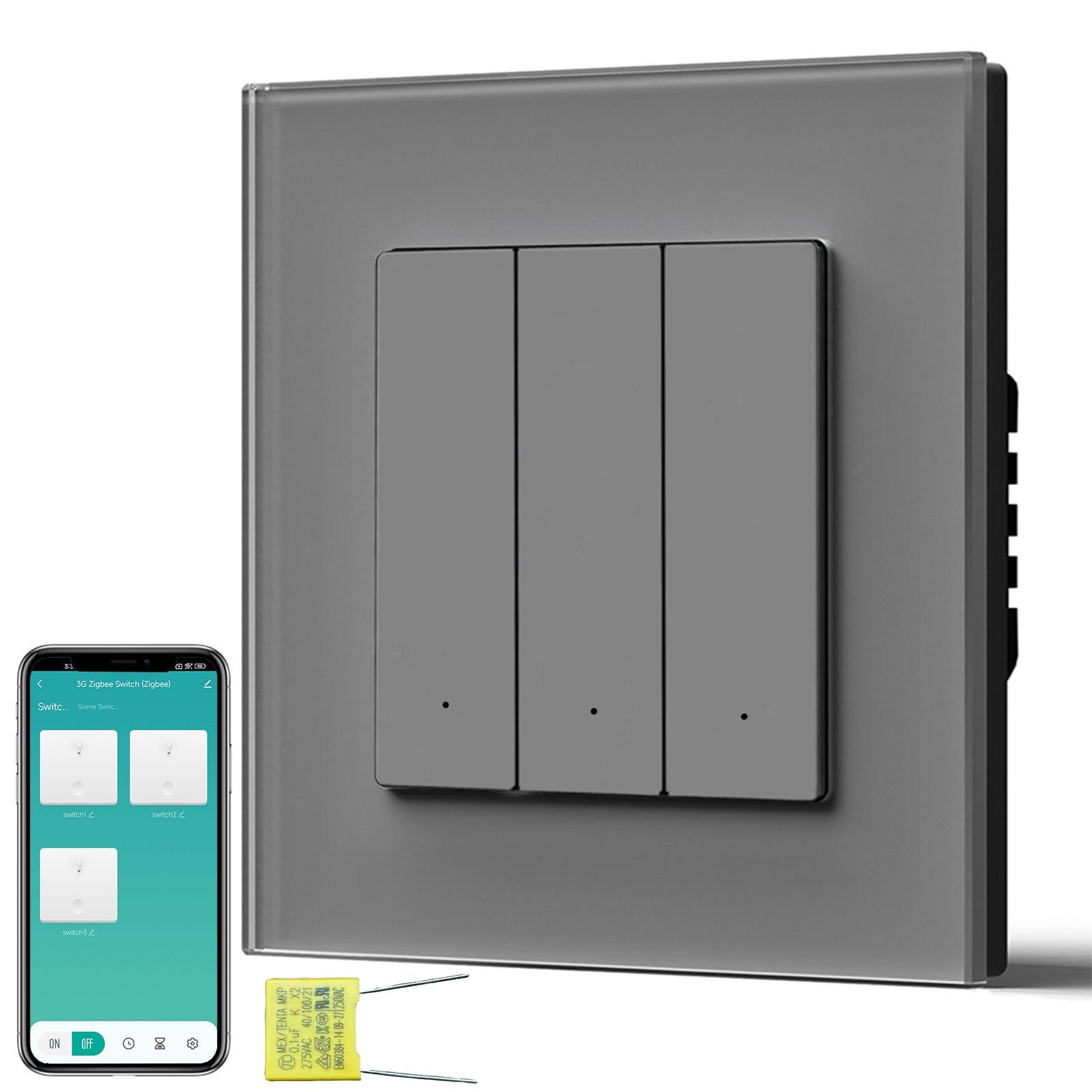 BSEED Echo Smart Zigbee Light Switch (No Neutral) Hub required Switch Light Switches Bseedswitch Grey Glass 3 Gang