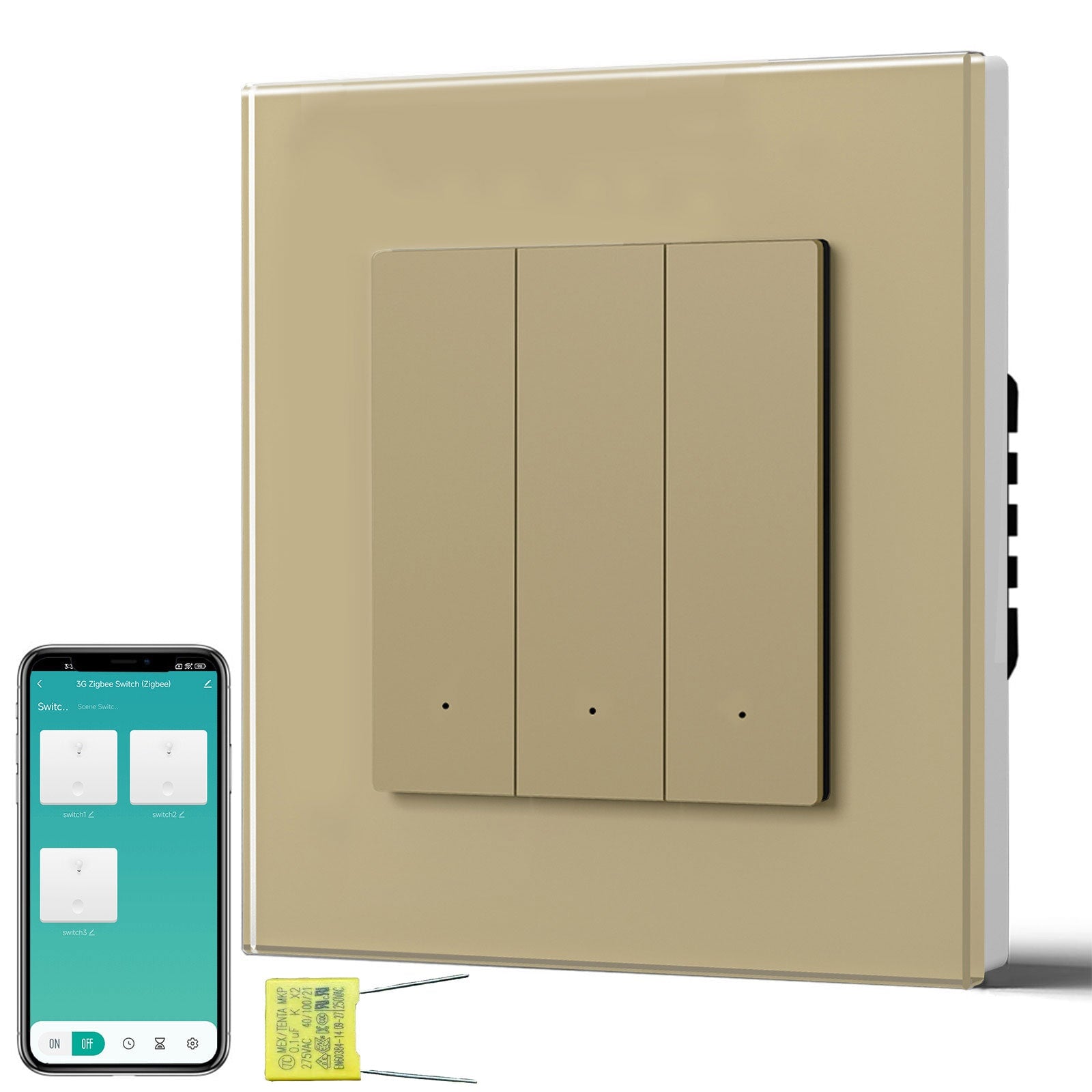 BSEED Echo Smart Zigbee Light Switch (No Neutral) Hub required Switch Light Switches Bseedswitch Gold Glass 3 Gang
