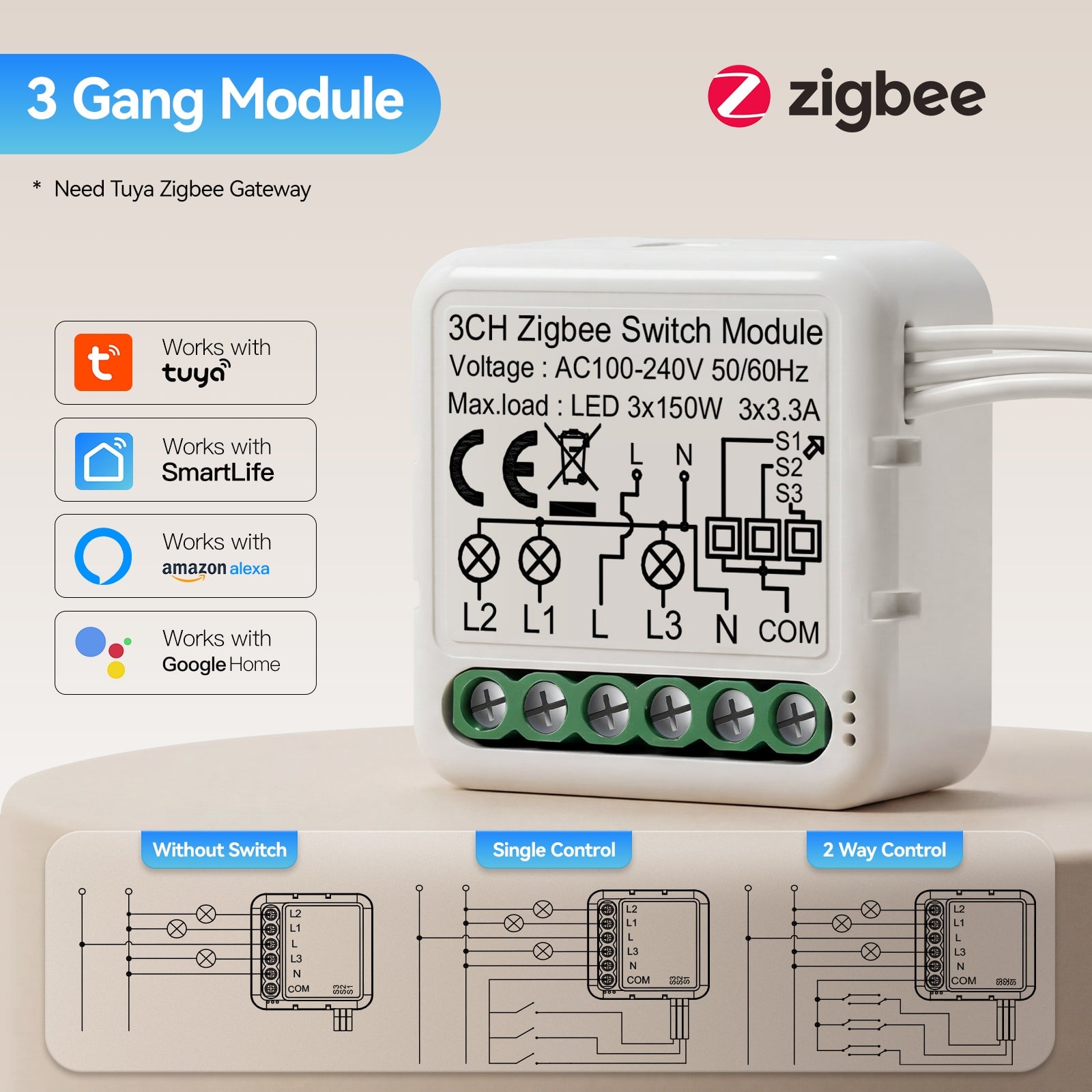 BSEED Smart Zigbee switch module wall Zigbee light switch module Work with Mechanical Switch Light Switches Bseedswitch 3 Gang 1 PCS/Pack 