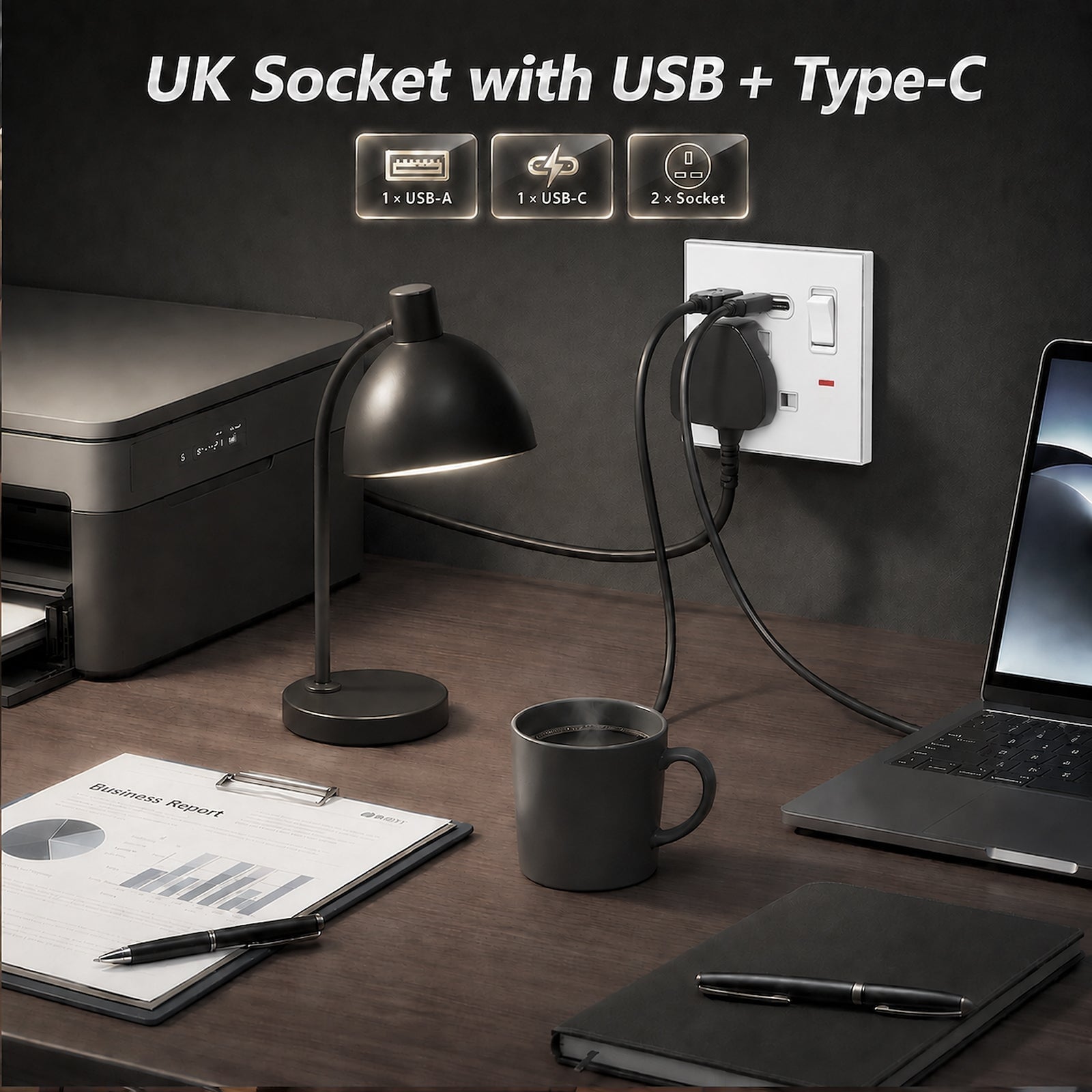 Tomada de 13A padrão Reino Unido da série BSEED C6 com porta USB-C, tomadas e interruptores Bseedswitch 