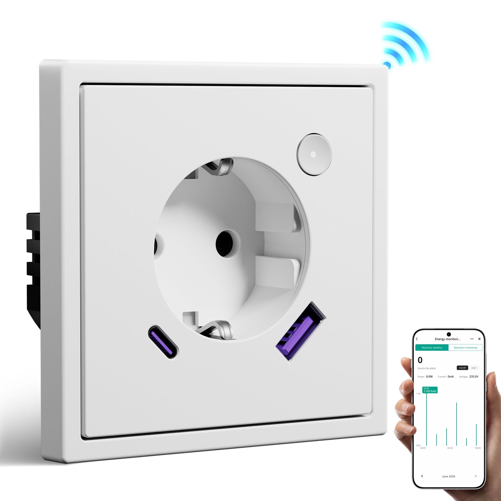 BSEED Intelligente WLAN-Steckdose mit Energiemessung, 20W USB-C Anschluss, EU-Steckdose, kompatibel mit Alexa & Google Home