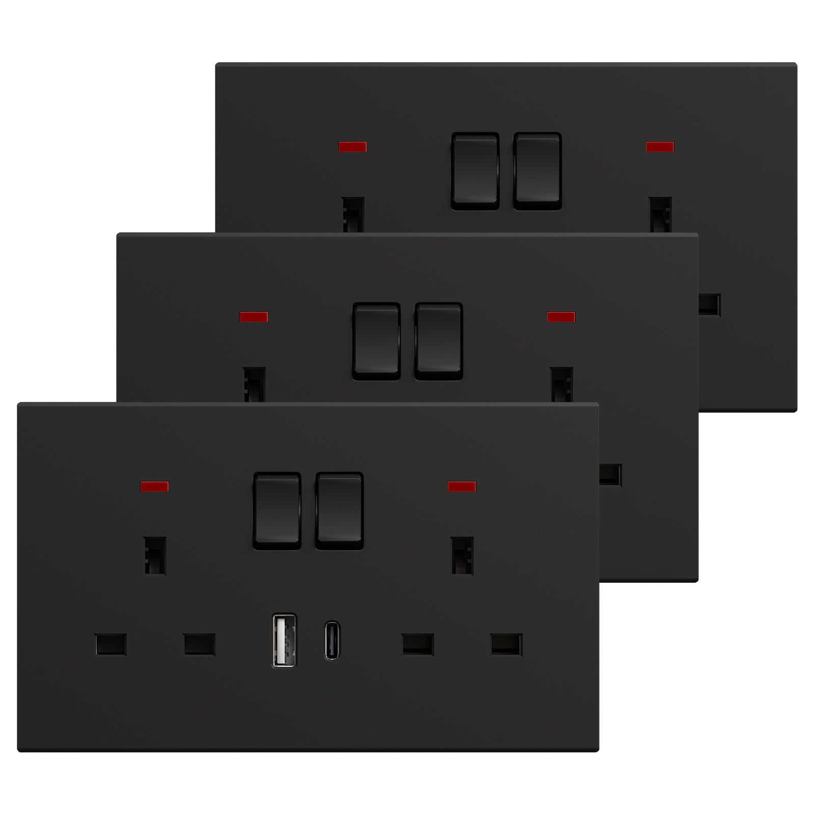 BSEED UK Standard 13A Socket with USB-C Port Electrical switch sockets Plastics Panel Power Outlets & Sockets Bseedswitch black 3 PCS/Pack Double Socket