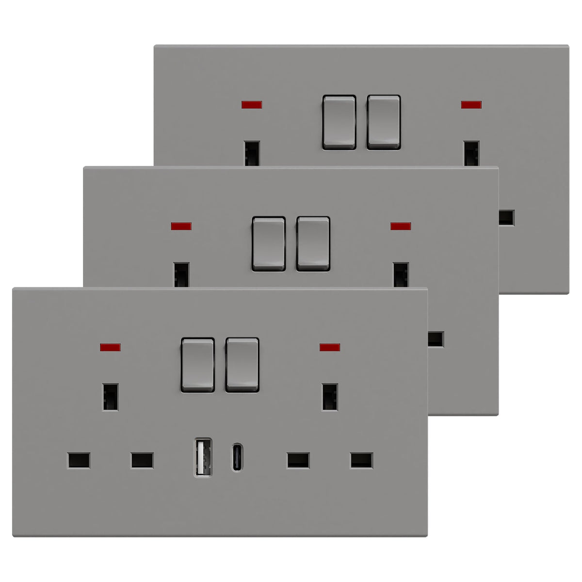 BSEED UK Standard 13A Socket with USB-C Port Electrical switch sockets Plastics Panel Power Outlets & Sockets Bseedswitch grey 3 PCS/Pack Double Socket