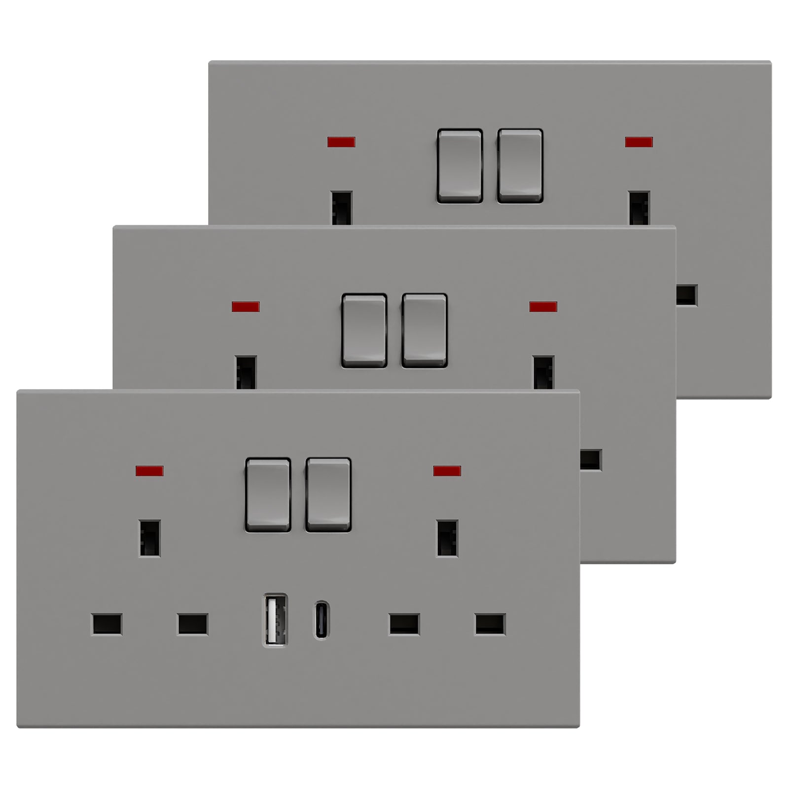 BSEED UK Standard 13A Socket with USB-C Port Electrical switch sockets Plastics Panel Power Outlets & Sockets Bseedswitch grey 3 PCS/Pack Double Socket