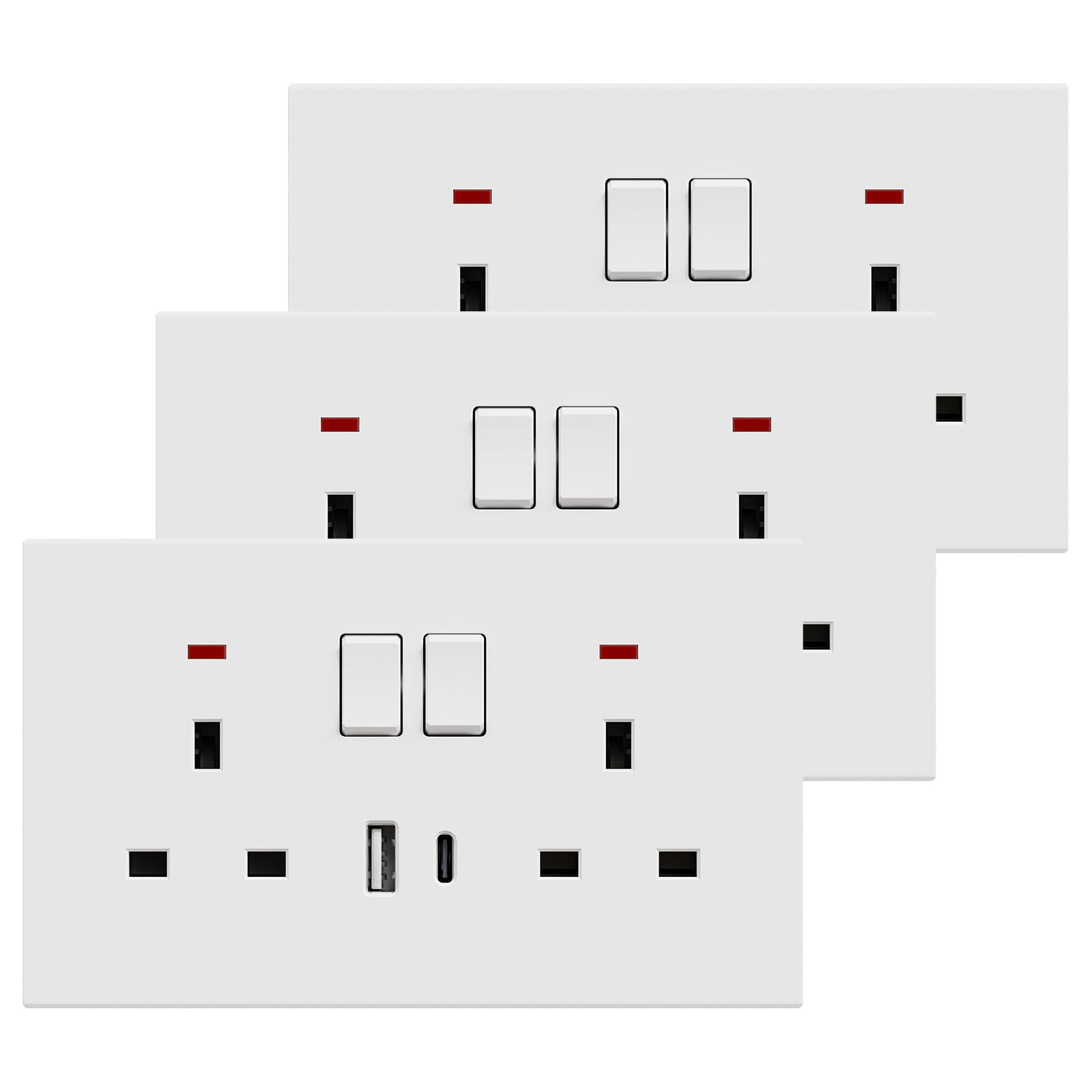 BSEED UK Standard 13A Socket with USB-C Port Electrical switch sockets Plastics Panel Power Outlets & Sockets Bseedswitch white 3 PCS/Pack Double Socket