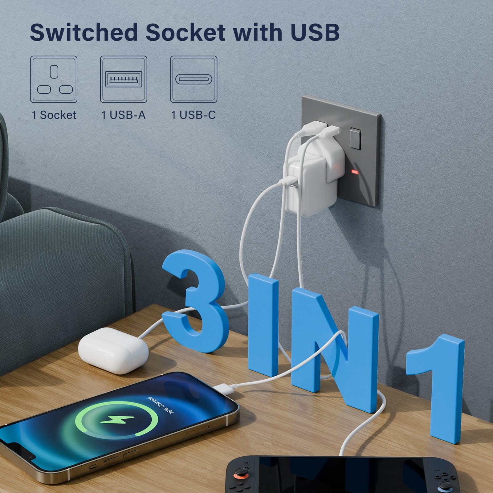 BSEED UK Standard 13A Socket with USB-C Port Electrical switch sockets Plastics Panel Power Outlets & Sockets Bseedswitch 