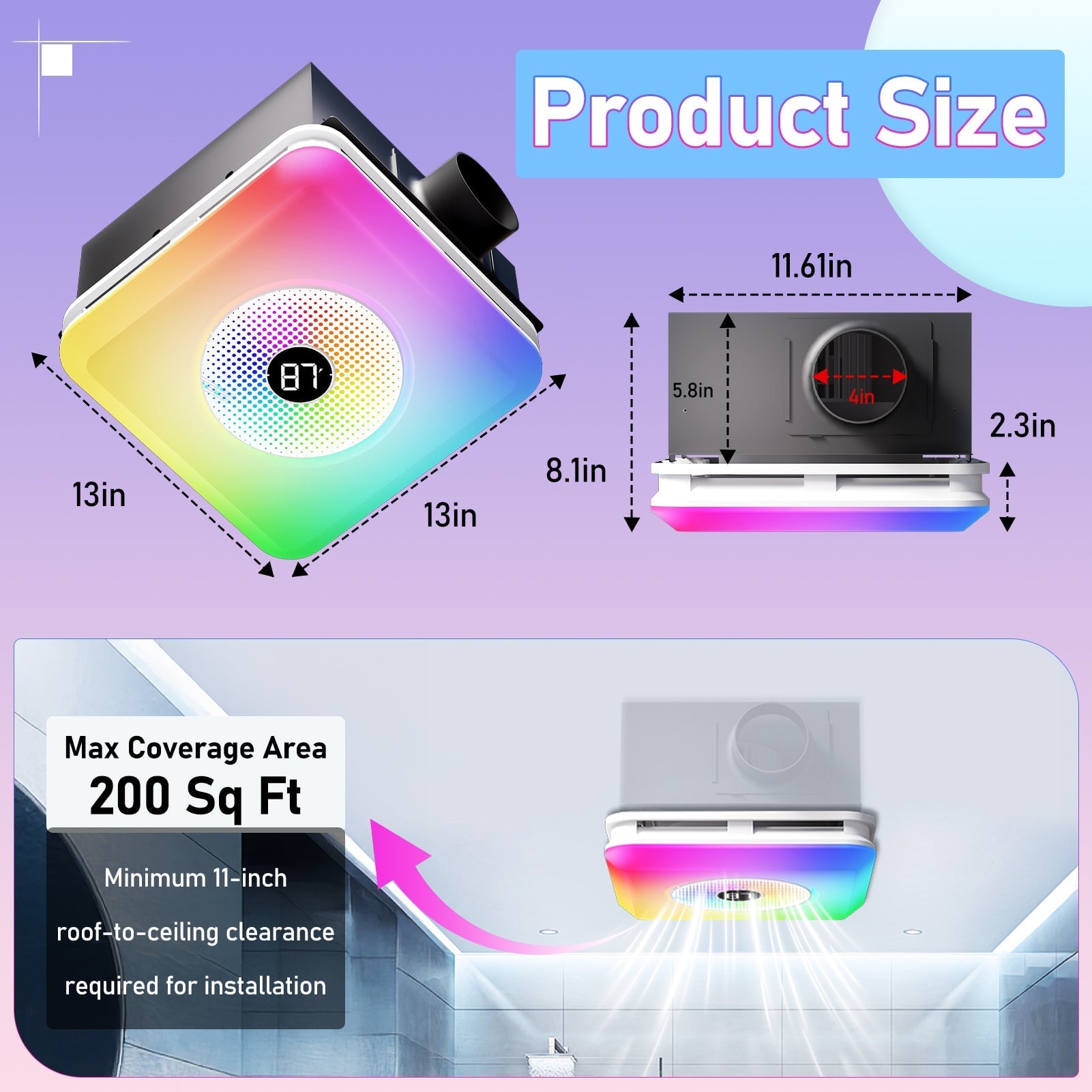 BSEED US standards Bluetooth Ceiling/ Wall Mount Bathroom Exhaust Fan 160 CFM LED Light Color temperature exhaust fan bathroom Bseed official 