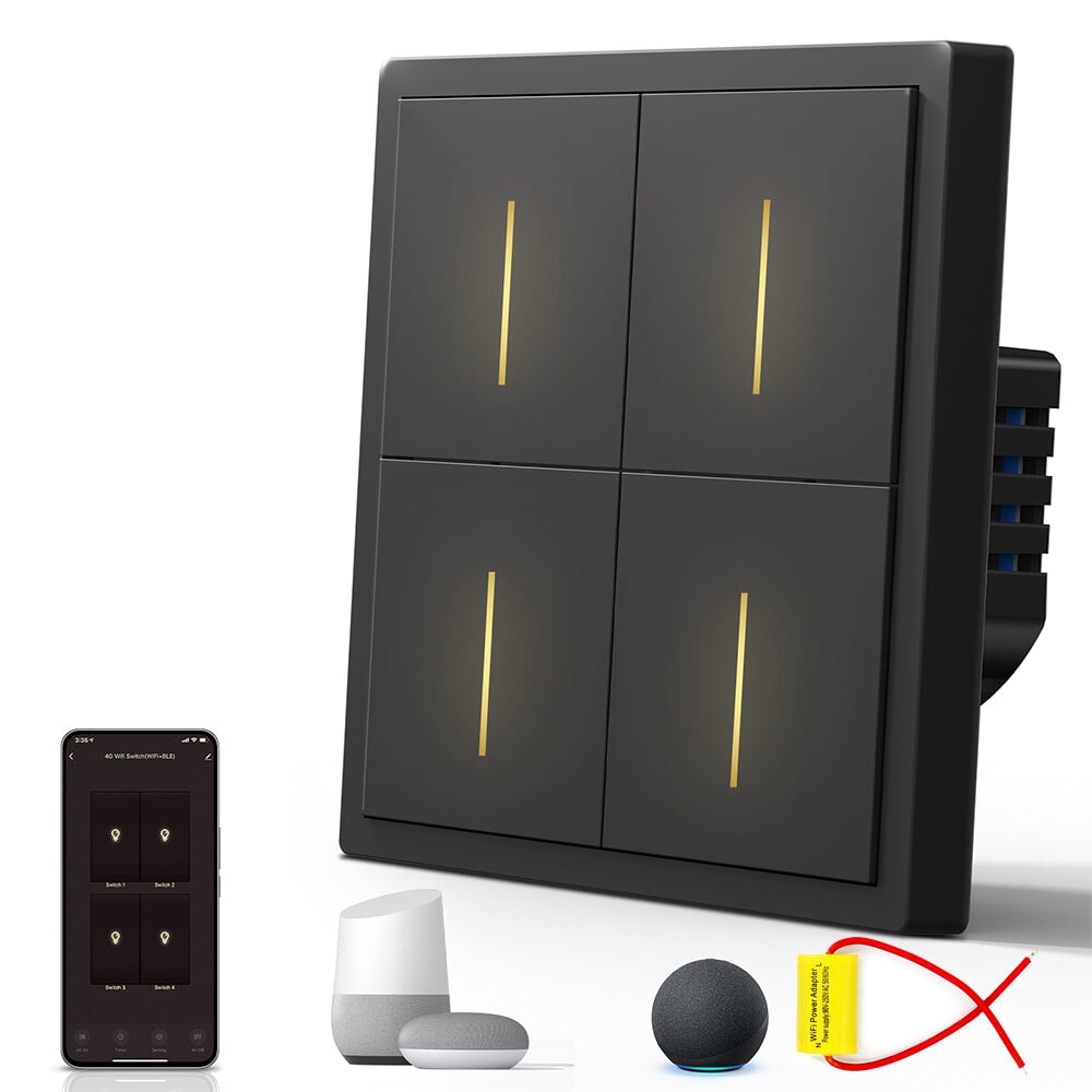 BSEED Scale Series Smart Wifi Light Switch Work With Alexa Google Assistant (No Neutral) Light Switches Bseedswitch Black 4 Gang 1 PCS/Pack