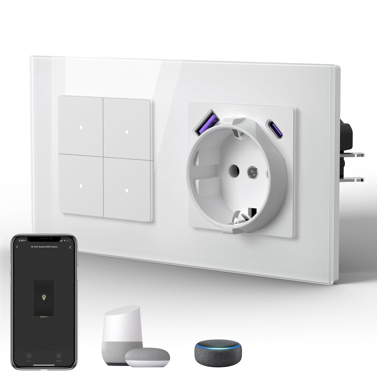Echo Series Smart Wifi Switch With EU Socket with 20W usb type-c port 157mm Power Outlets & Sockets Bseedswitch White 4Gang 
