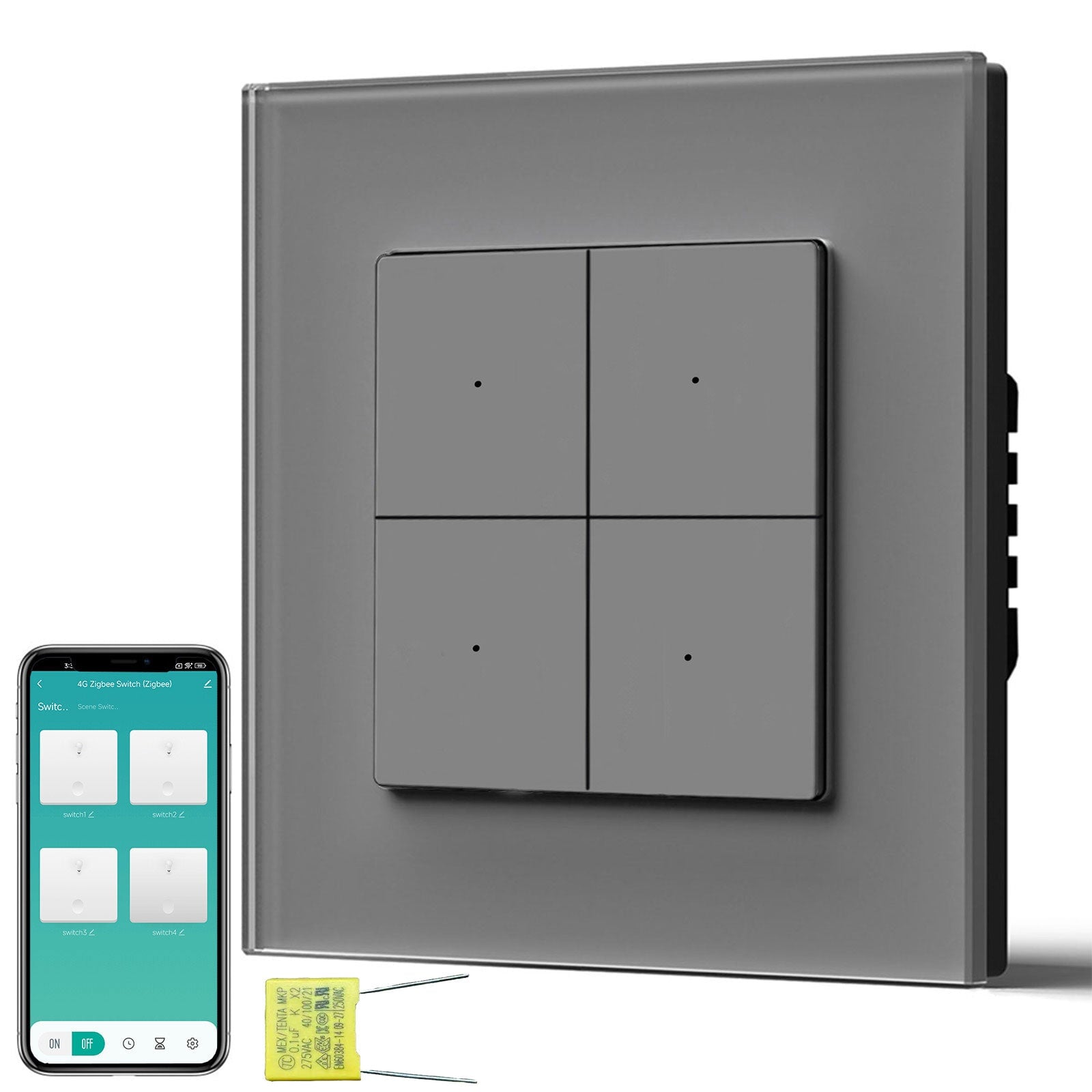BSEED Echo Smart Zigbee Light Switch (No Neutral) Hub required Switch Light Switches Bseedswitch Grey Glass 4 Gang