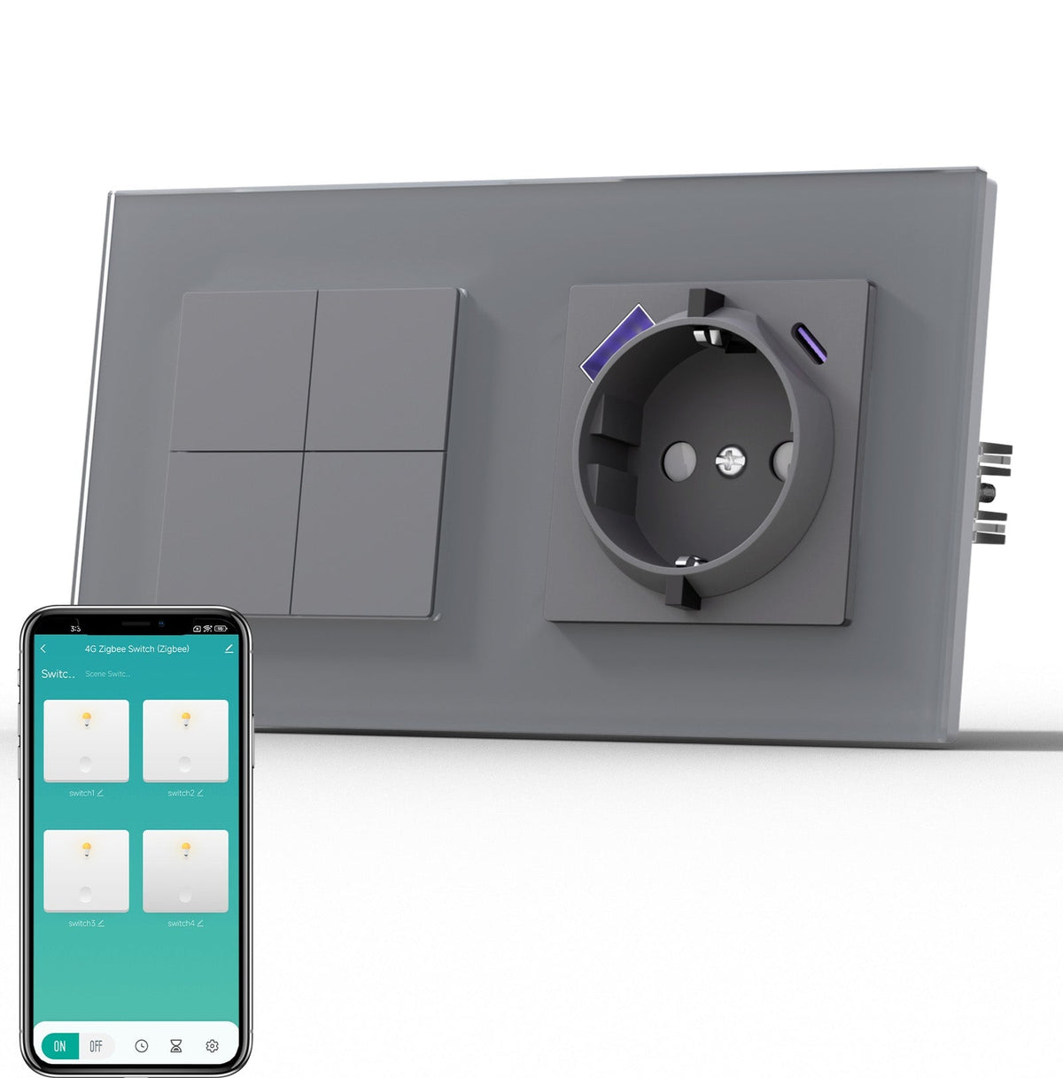 BSEED Smart Zigbee Light Switch (With Neutral) Socket With USB C 20W Fast Charge Light Switches Bseedswitch Grey 4 Gang 