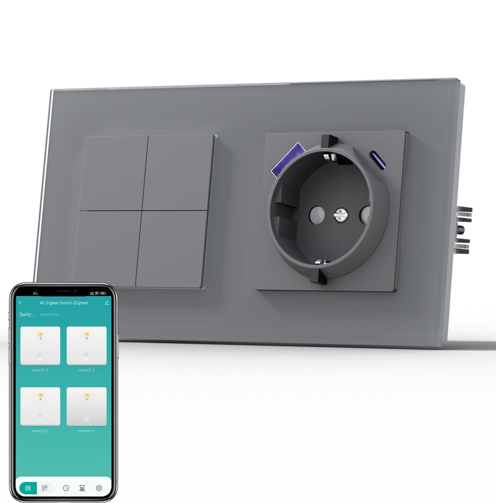 BSEED Smart Zigbee Light Switch (With Neutral) Socket With USB C 20W Fast Charge Light Switches Bseedswitch Grey 4 Gang 