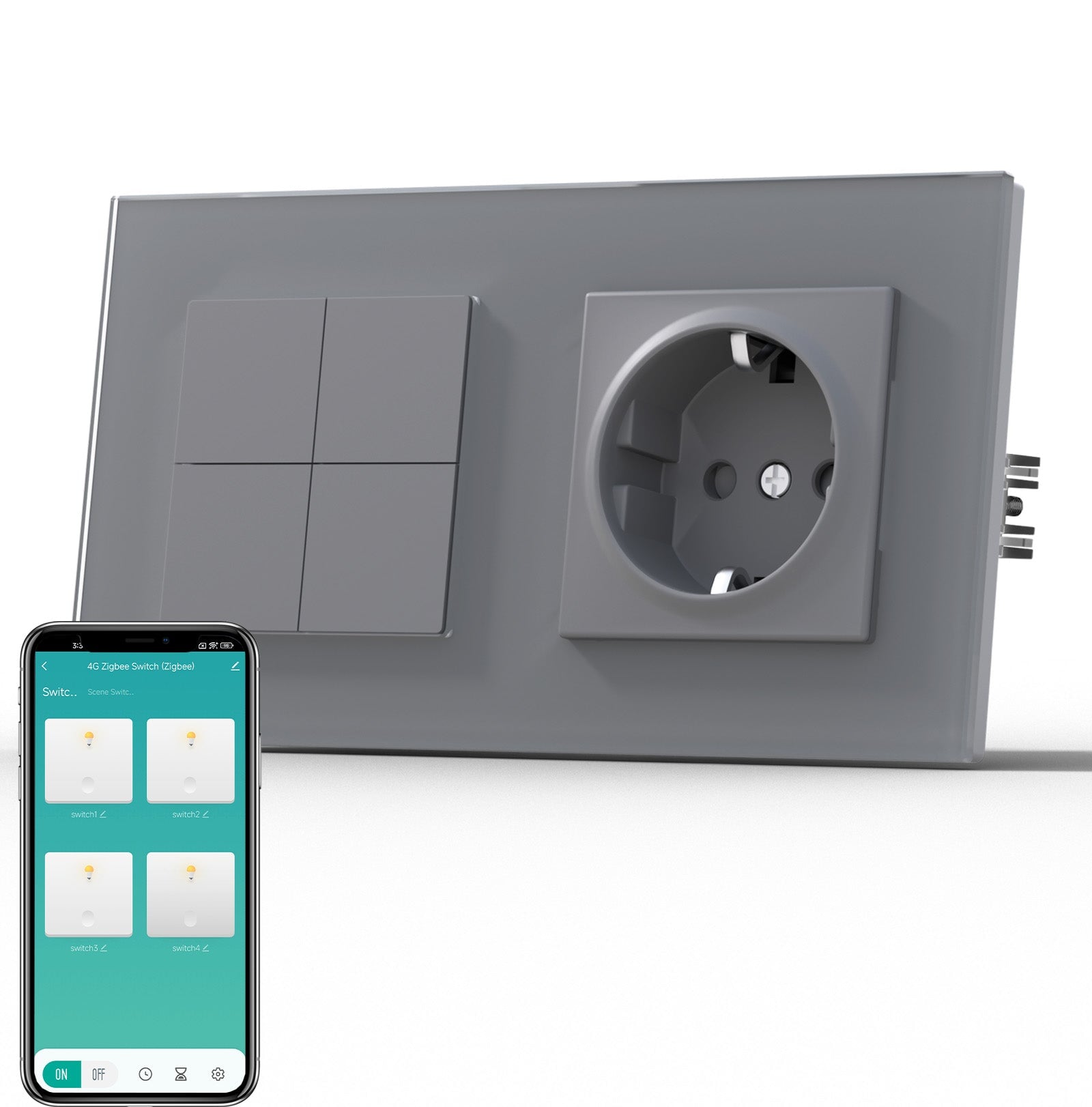 BSEED Smart Zigbee Light Switch (With Neutral) Socket For Type F Plug Eu Electric Power Socket Light Switches Bseedswitch Grey 4 Gang 