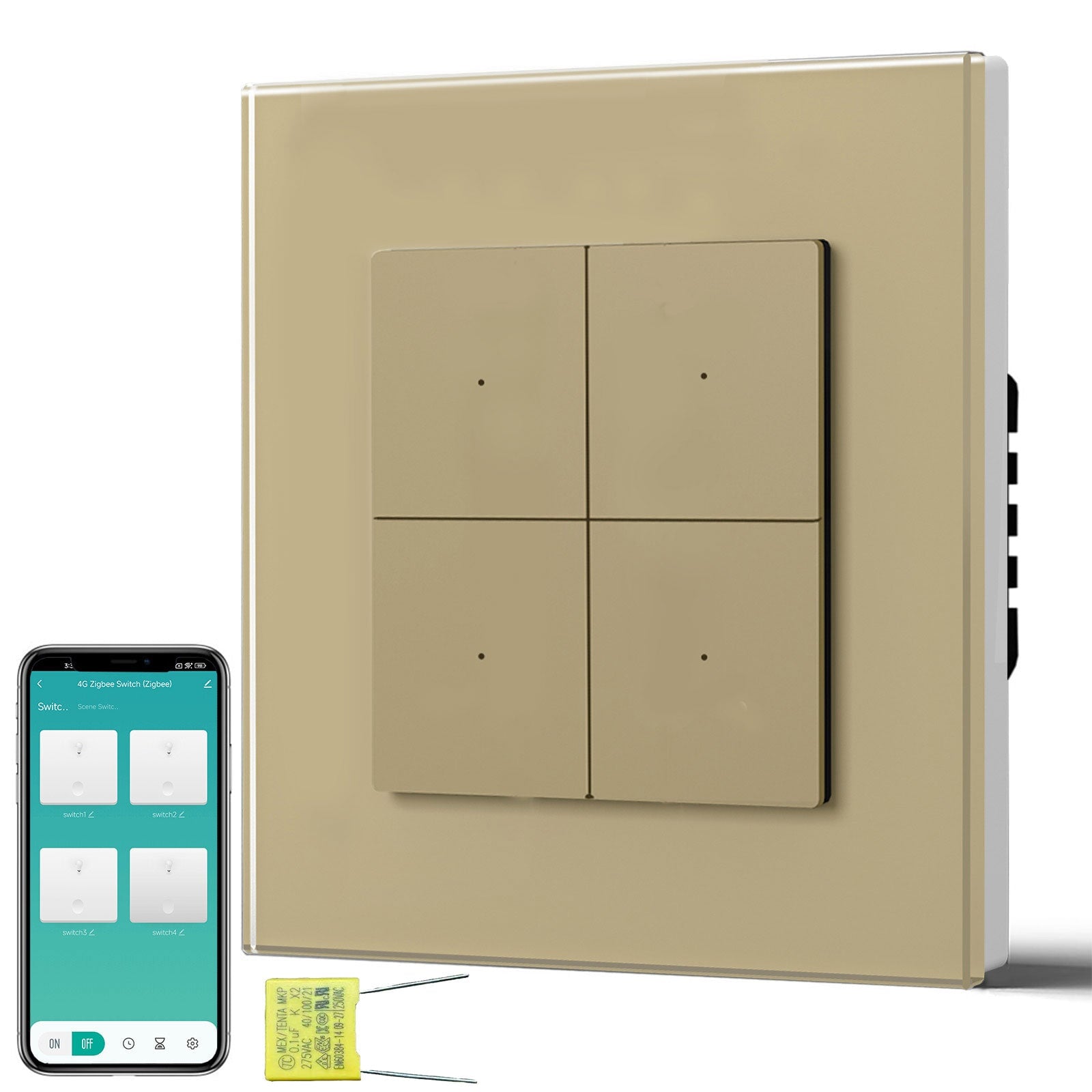 BSEED Echo Smart Zigbee Light Switch (No Neutral) Hub required Switch Light Switches Bseedswitch Gold Glass 4 Gang