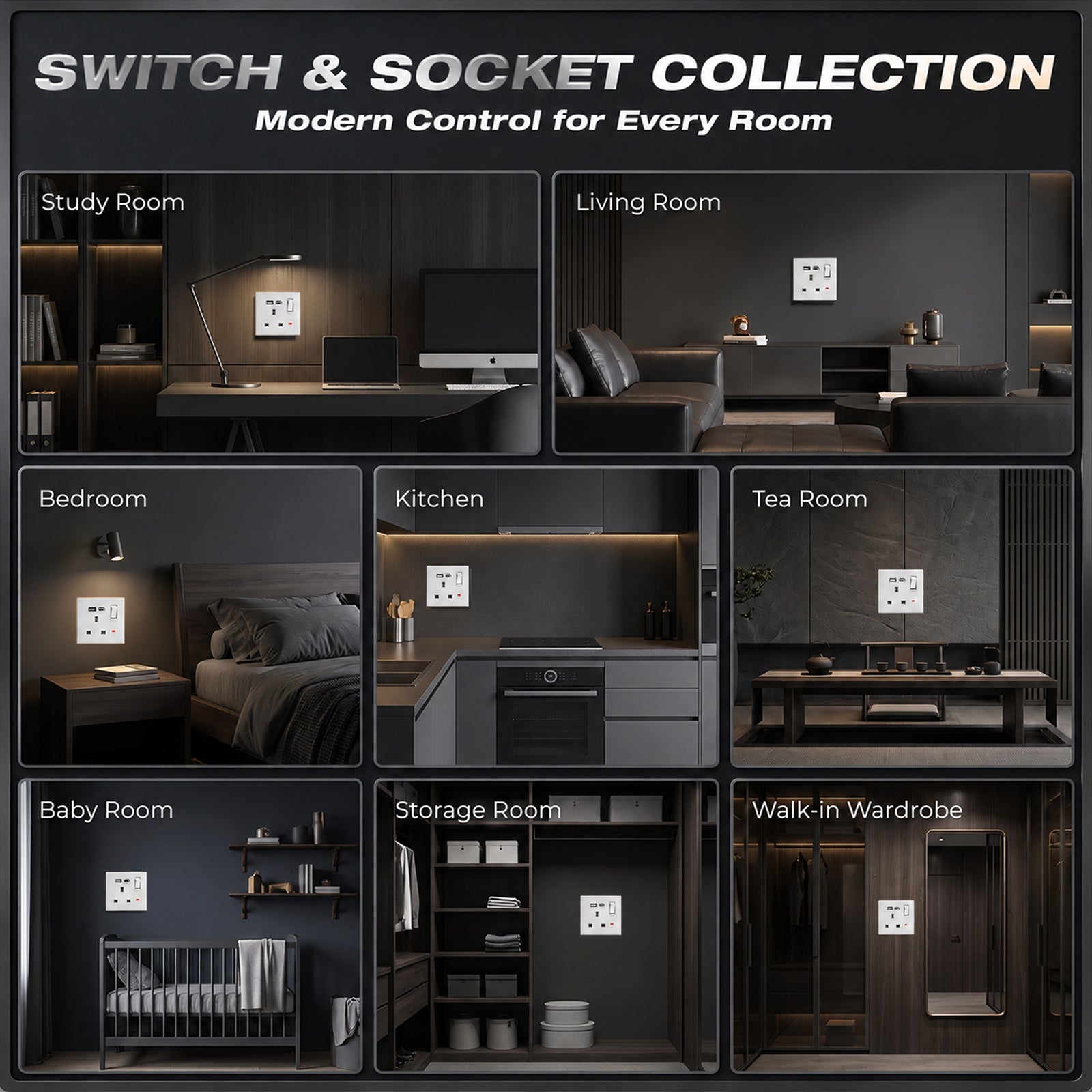 Tomada de 13A padrão Reino Unido da série BSEED C6 com porta USB-C, tomadas e interruptores Bseedswitch 