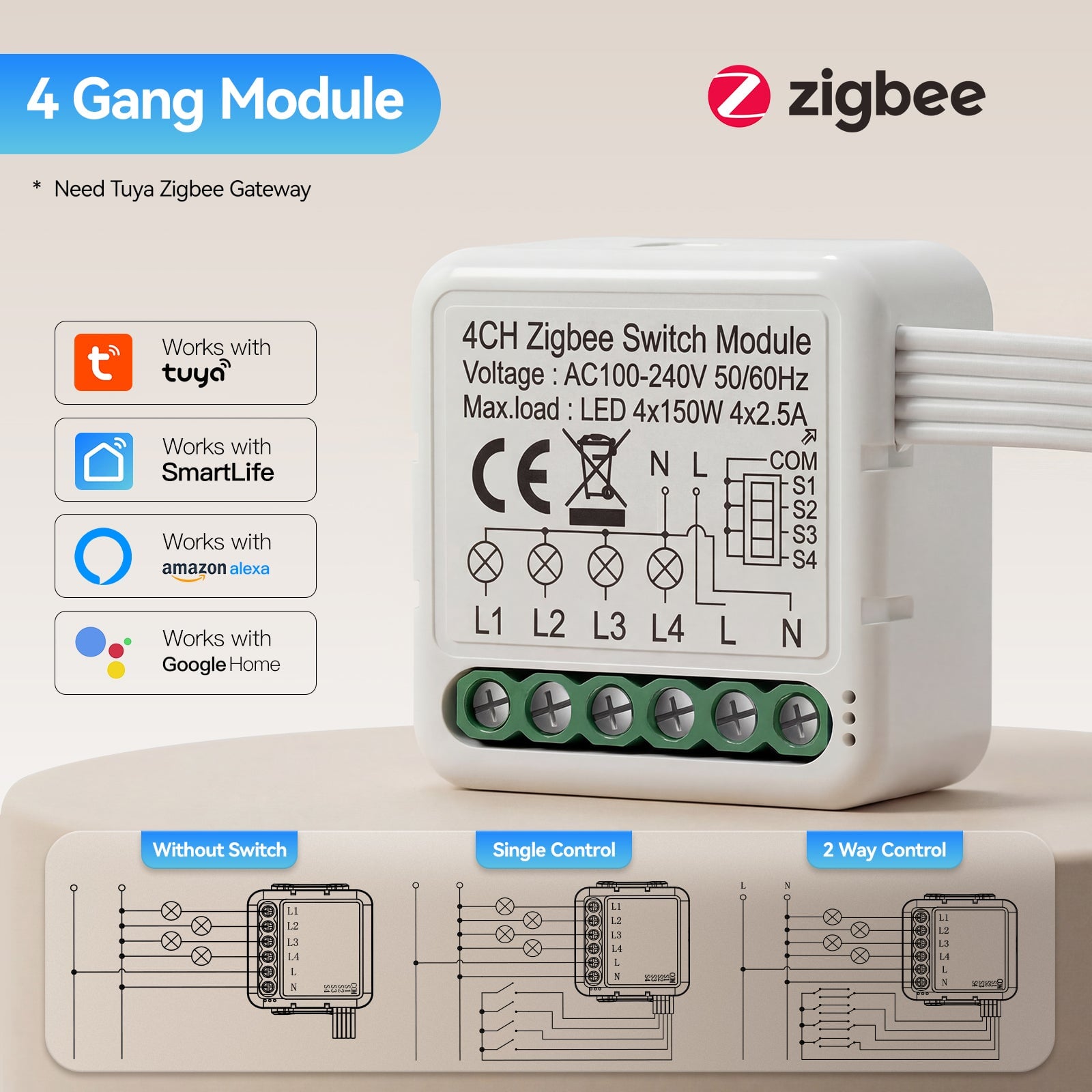 BSEED Smart Zigbee switch module wall Zigbee light switch module Work with Mechanical Switch Light Switches Bseedswitch 4 Gang 1 PCS/Pack 
