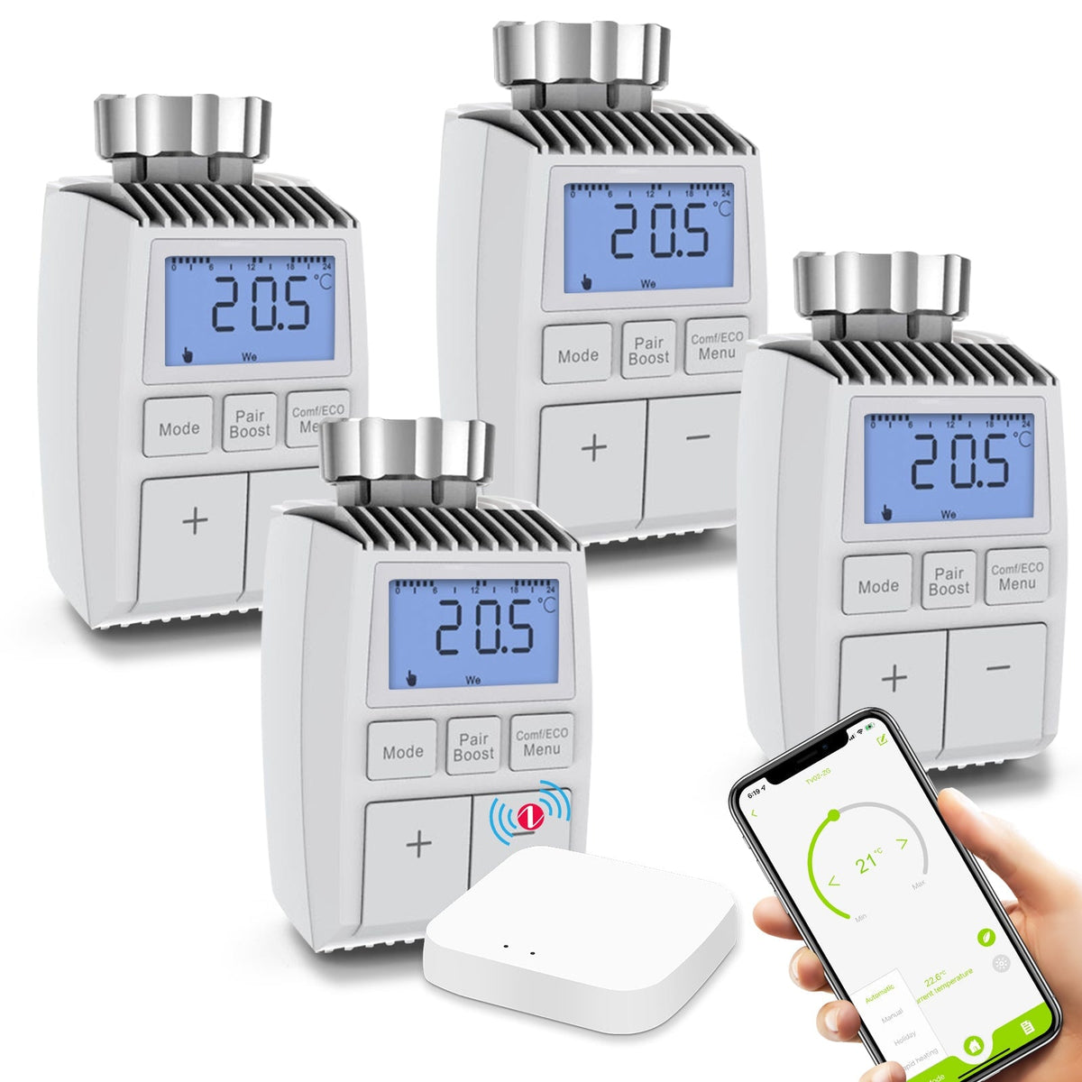 BSEED ZigBee3.0 Thermostatic Valve Smart Radiator Actuator Programmable Temperature Controller 恒温器 Bseedswitch 4PCS Temperature control valve+ gateway 