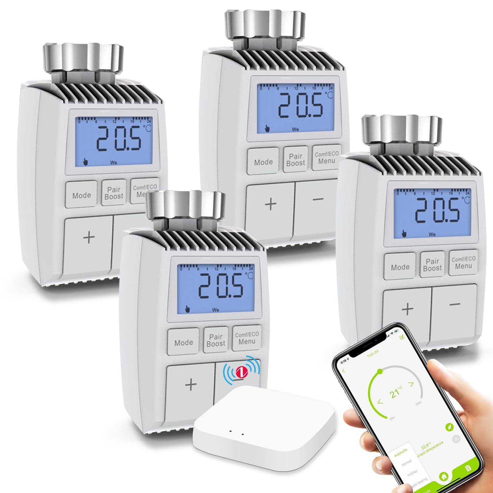 BSEED ZigBee3.0 Thermostatic Valve Smart Radiator Actuator Programmable Temperature Controller 恒温器 Bseedswitch 4PCS Temperature control valve+ gateway 