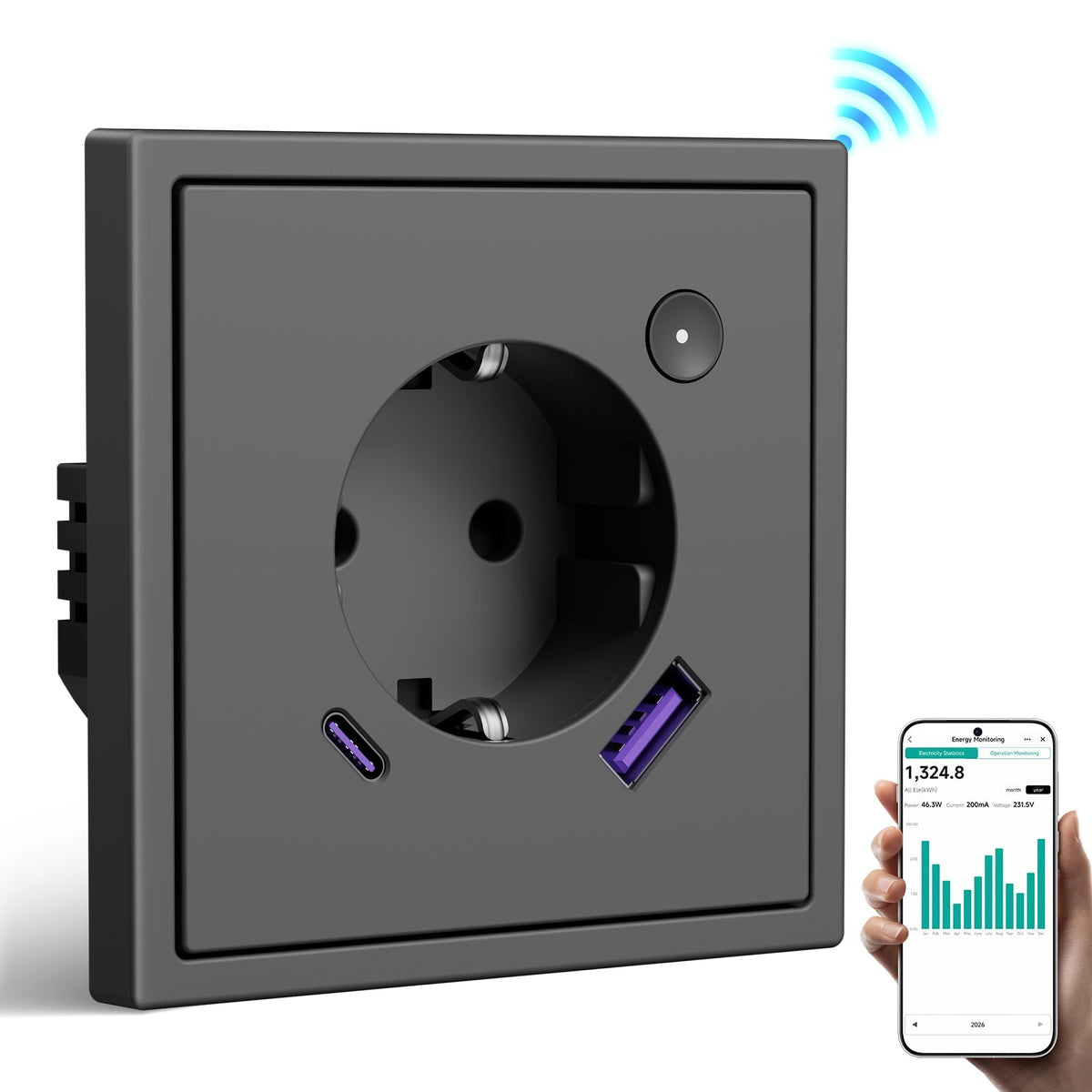BSEED Grand Smart Wifi Socket With Energy Monitoring 20W USB-C Port Eu Socket Work with Alexa Google Power Outlets & Sockets Bseed official Grey Single 
