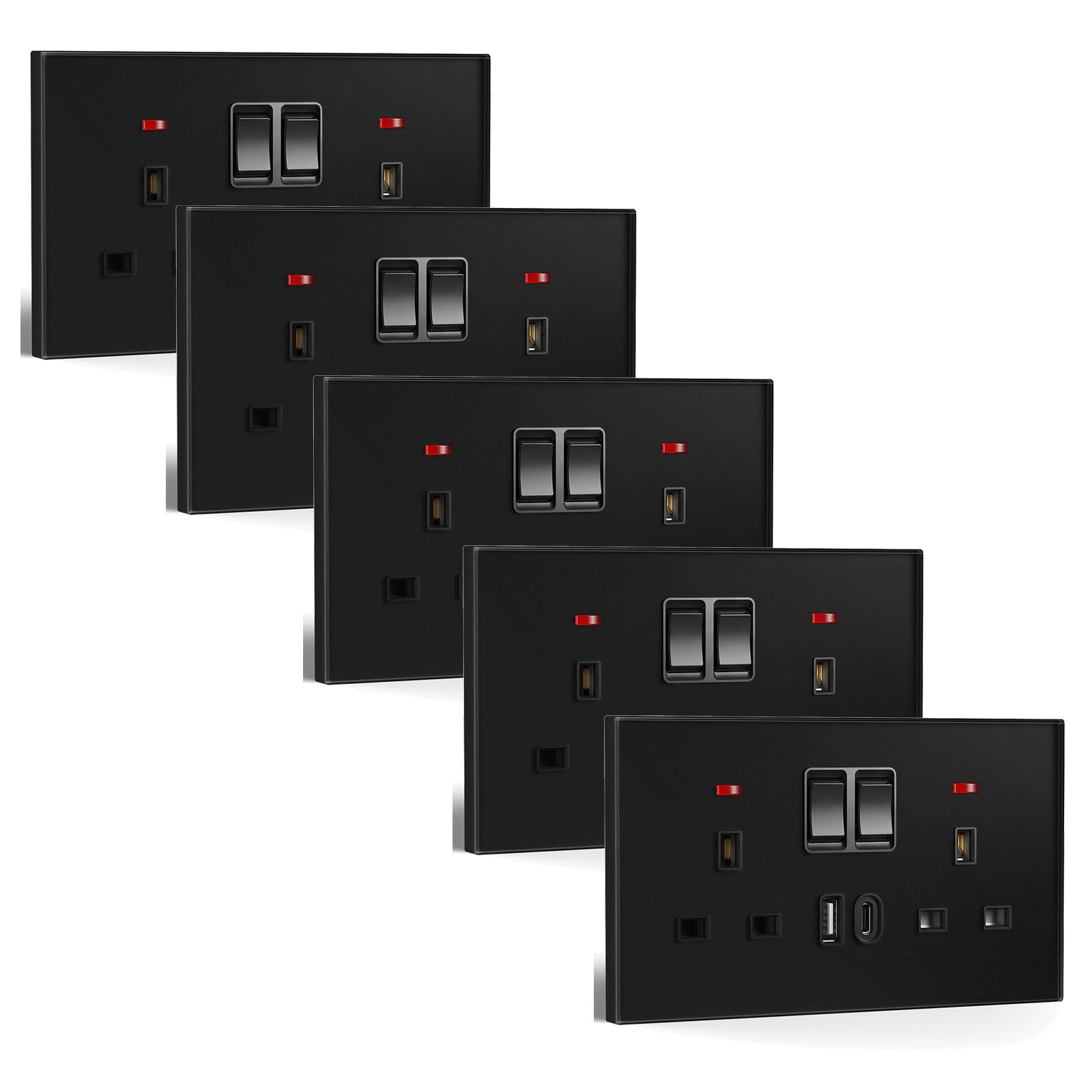Tomada dupla BSEED Série C6 padrão Reino Unido 13A com porta USB-C, tomadas elétricas e interruptores, cor preta, pacote de 5 unidades