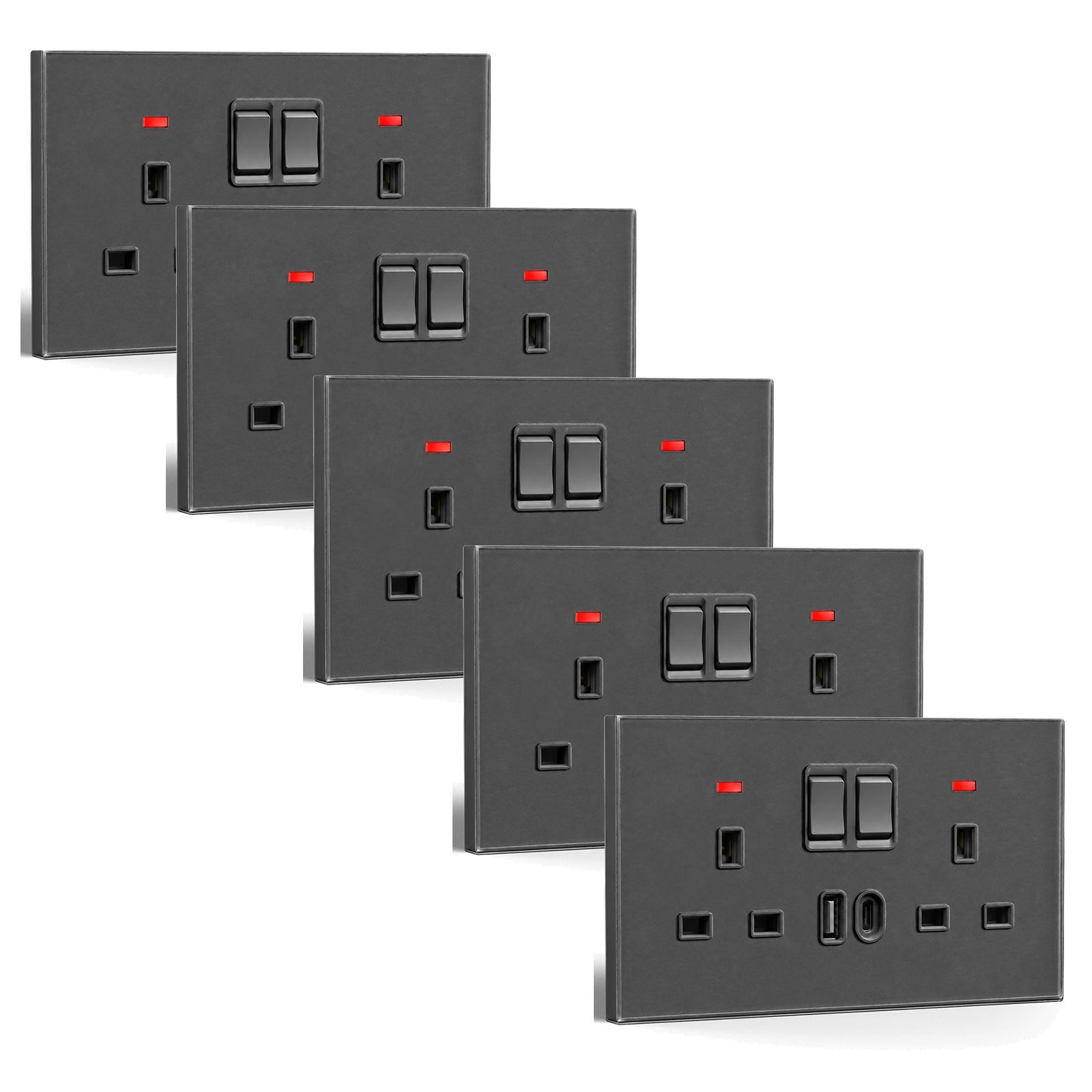 Tomada dupla BSEED Série C6 padrão Reino Unido 13A com porta USB-C, tomadas e interruptores, cinzento, pacote de 5 unidades
