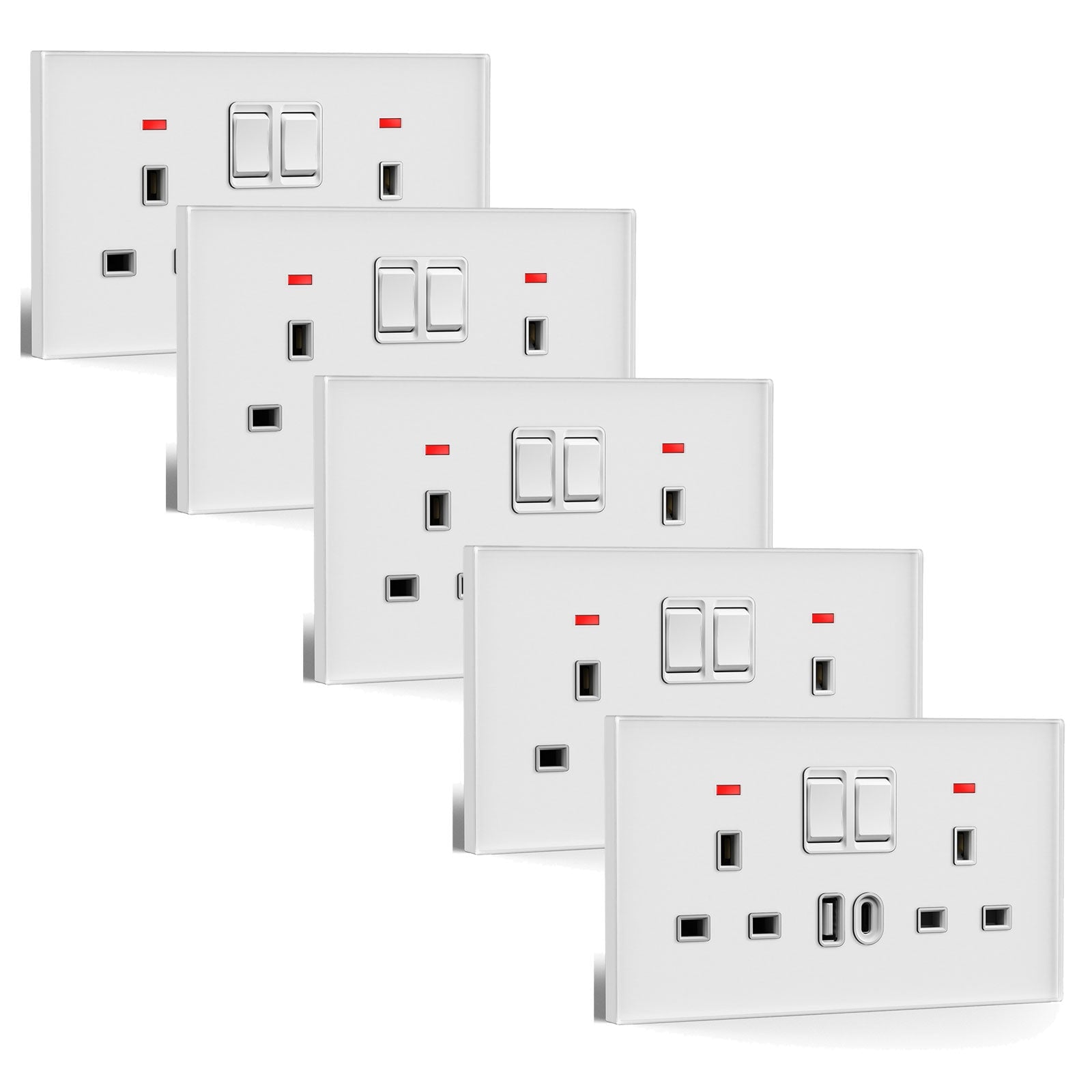 Tomada dupla BSEED Série C6 padrão Reino Unido 13A com porta USB-C, tomadas e interruptores, branco, pacote de 5 unidades