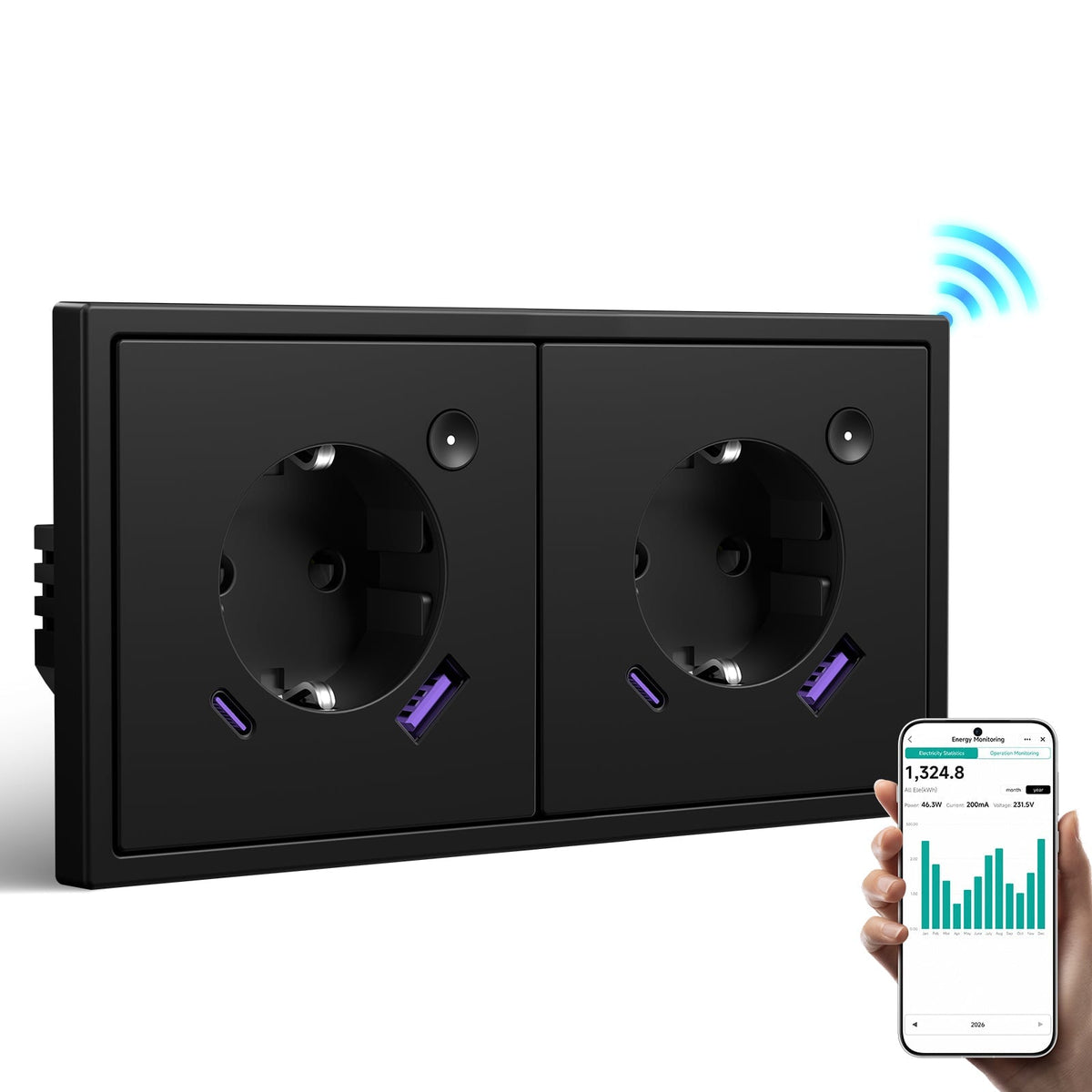 BSEED Grand Smart Wifi Socket With Energy Monitoring 20W USB-C Port Eu Socket Work with Alexa Google Power Outlets & Sockets Bseed official Black Double 