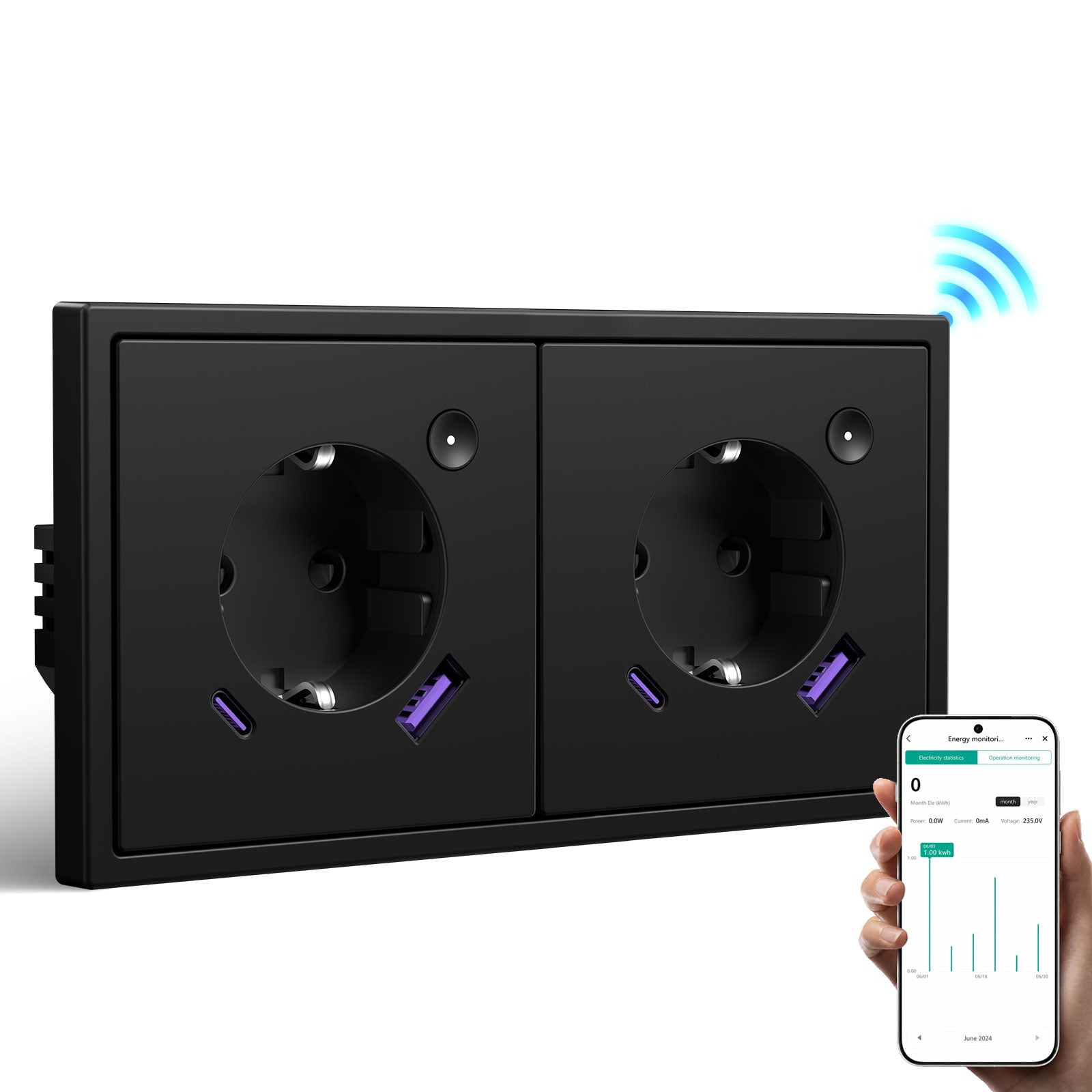 BSEED Intelligente WLAN-Steckdose mit Energiemessung, 20W USB-C Anschluss, EU-Steckdose, kompatibel mit Alexa & Google Home