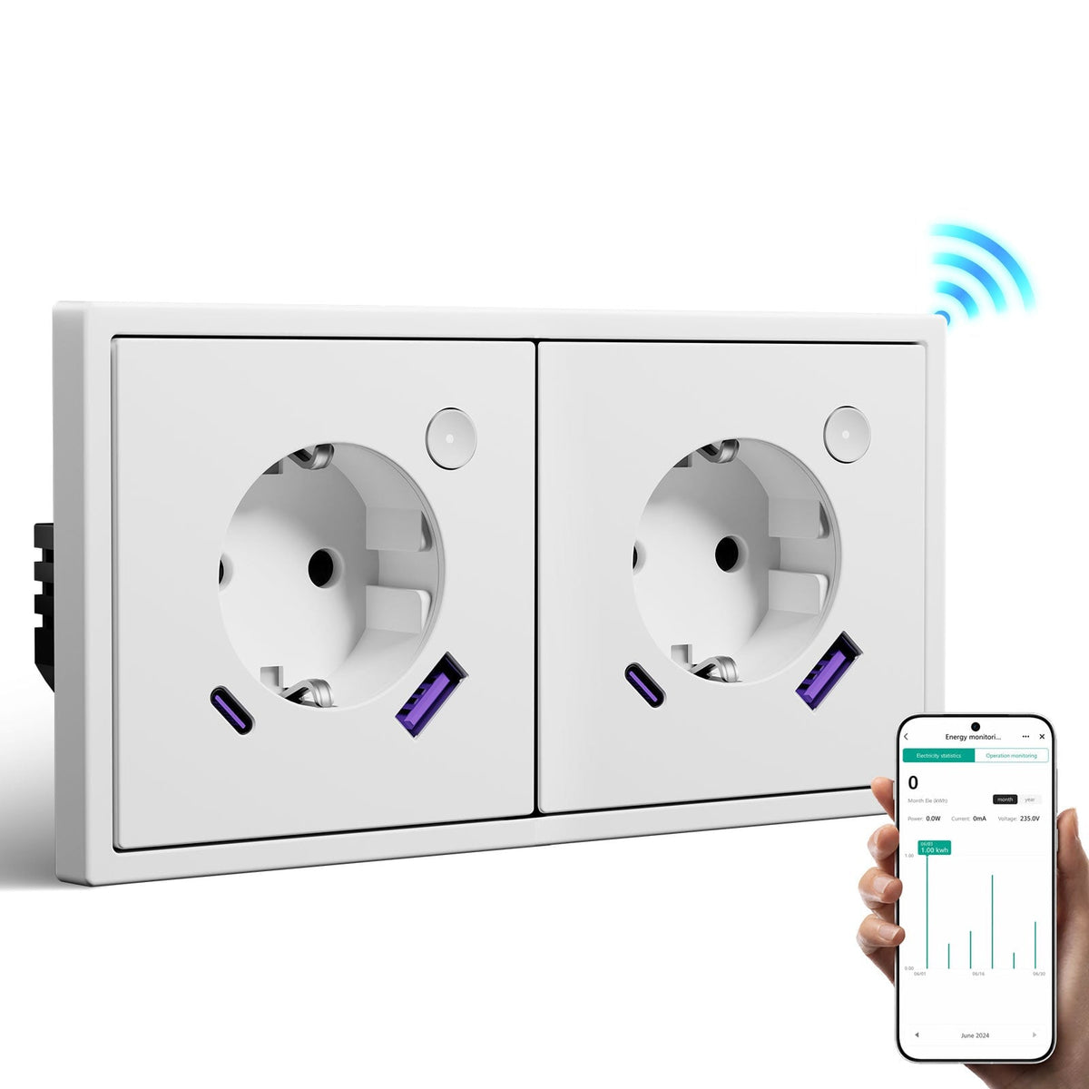 Prise intelligente Wi-Fi BSEED avec suivi de consommation, port USB-C 20 W, compatible Alexa et Google Home, prise double européenne, blanc, officiel Bseed 
