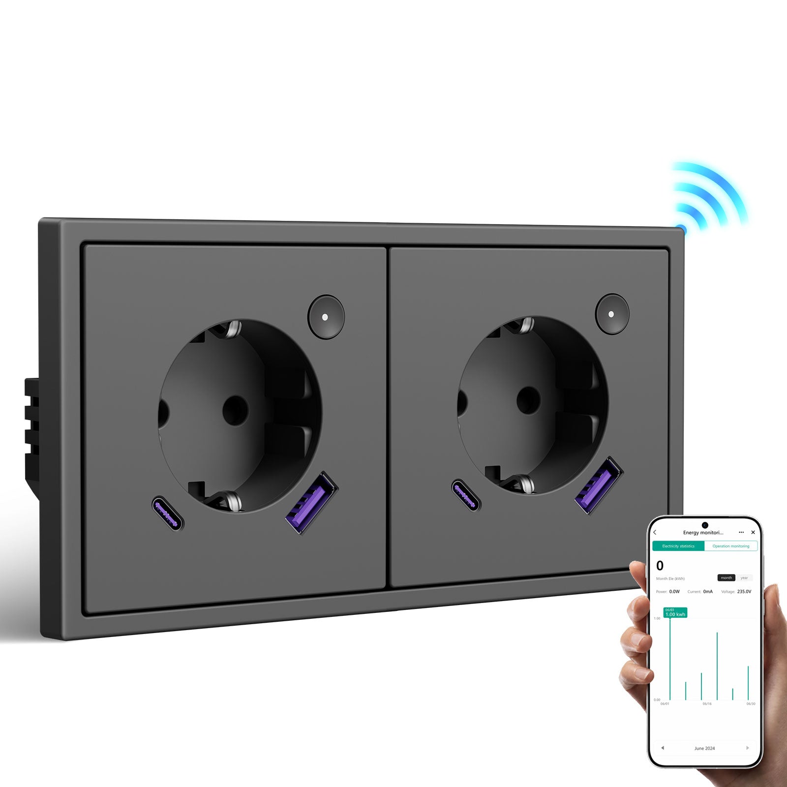 BSEED Intelligente WLAN-Steckdose mit Energiemessung, 20W USB-C Anschluss, EU-Steckdose, kompatibel mit Alexa & Google Home