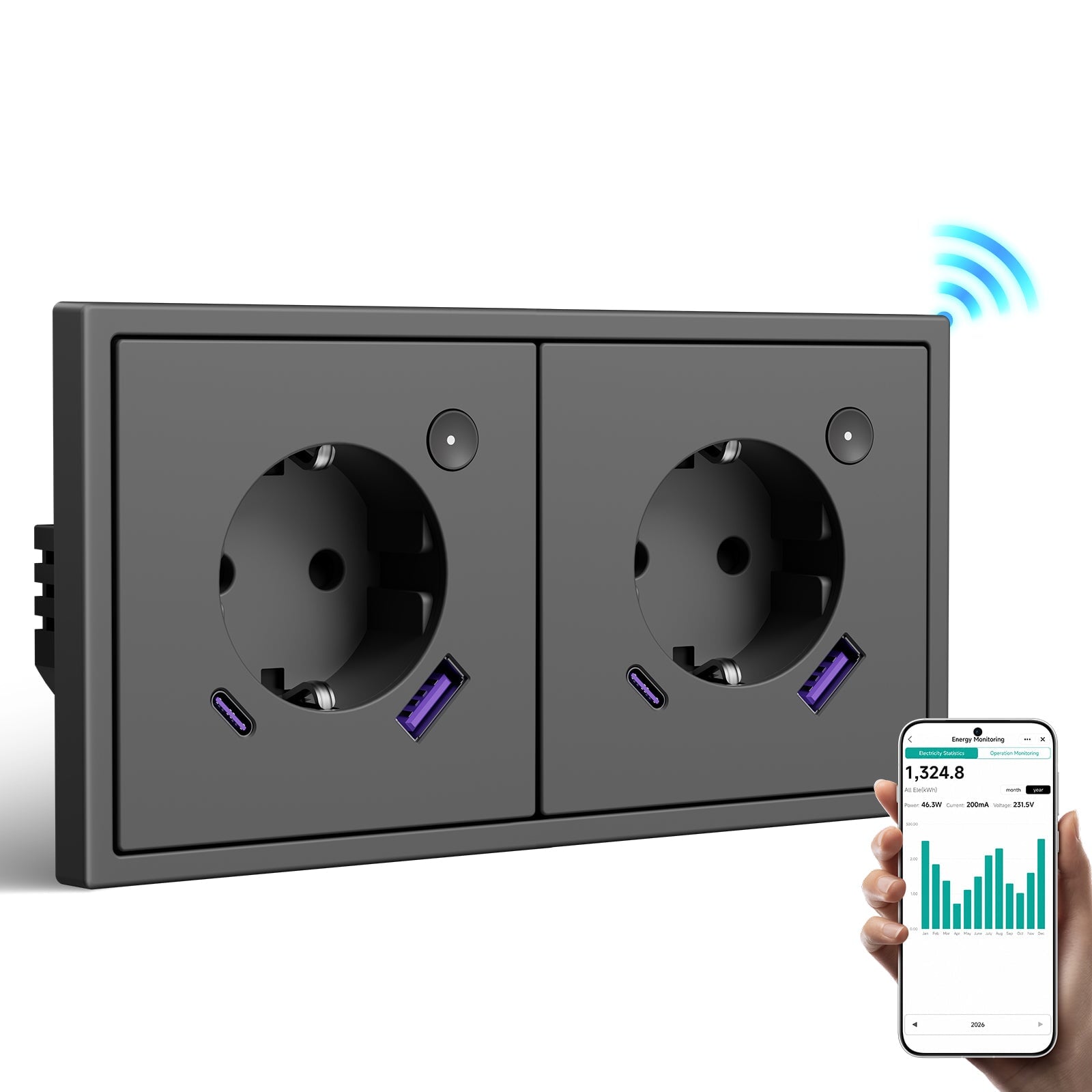 BSEED Grand Smart Wifi Socket With Energy Monitoring 20W USB-C Port Eu Socket Work with Alexa Google Power Outlets & Sockets Bseed official Grey Double 