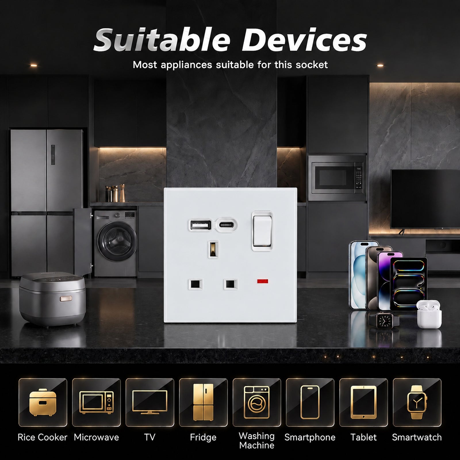 Tomada de 13A padrão Reino Unido da série BSEED C6 com porta USB-C, tomadas e interruptores Bseedswitch 